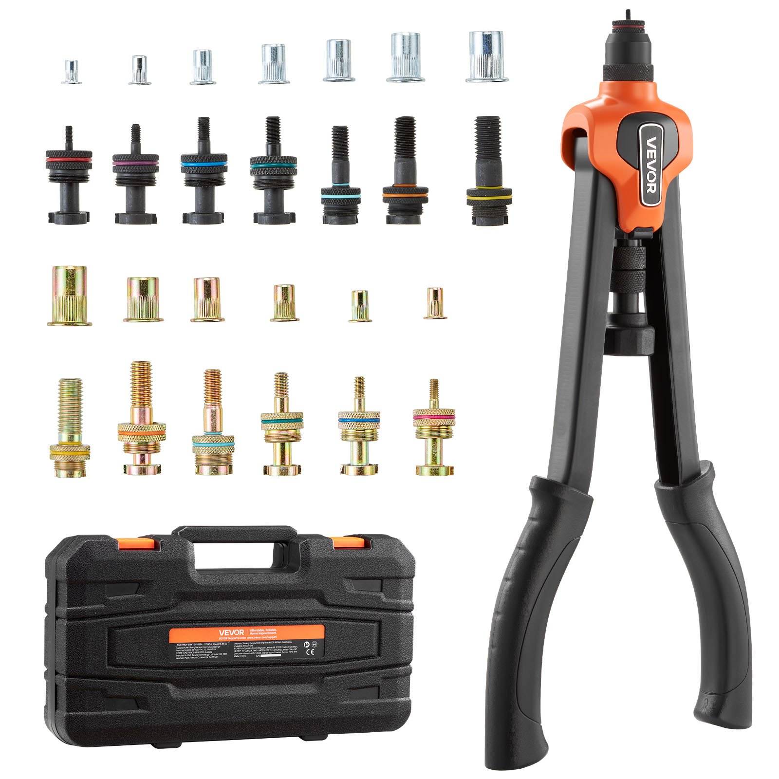 VEVOR Nietmutternzange Set 42 cm, Zweihändige Nietzange mit 13 Dornen & 130 Muttern in metrischen und SAE-Größen M3, M4, M5, M6, M8, M10, M12, 1/2-