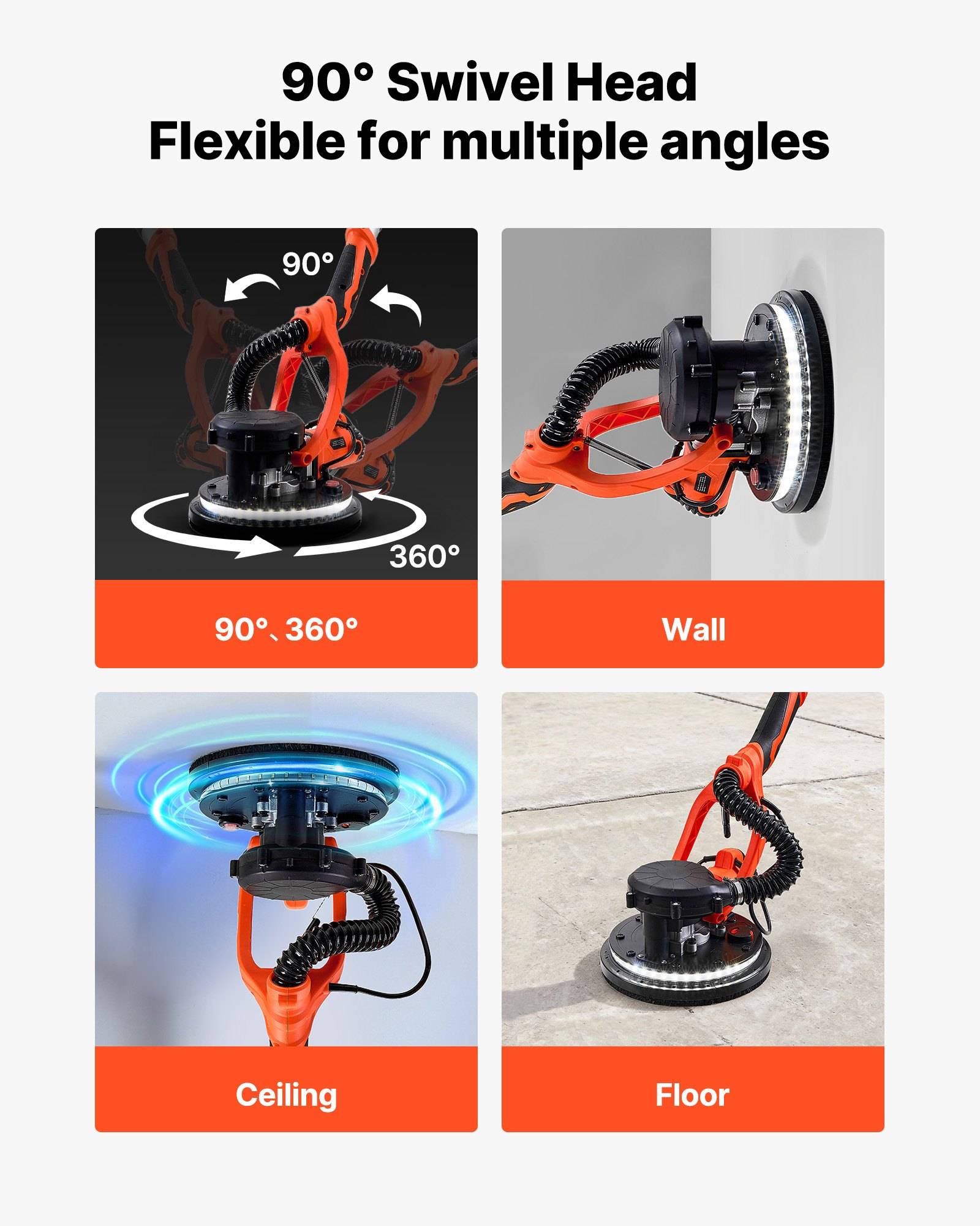 Infografik, die einen 90°-Schwenkkopf für ein Werkzeug zeigt, der für mehrere Winkel flexibel ist, mit Beispielen für die Verwendung bei 360°, Wand, Decke und Boden.