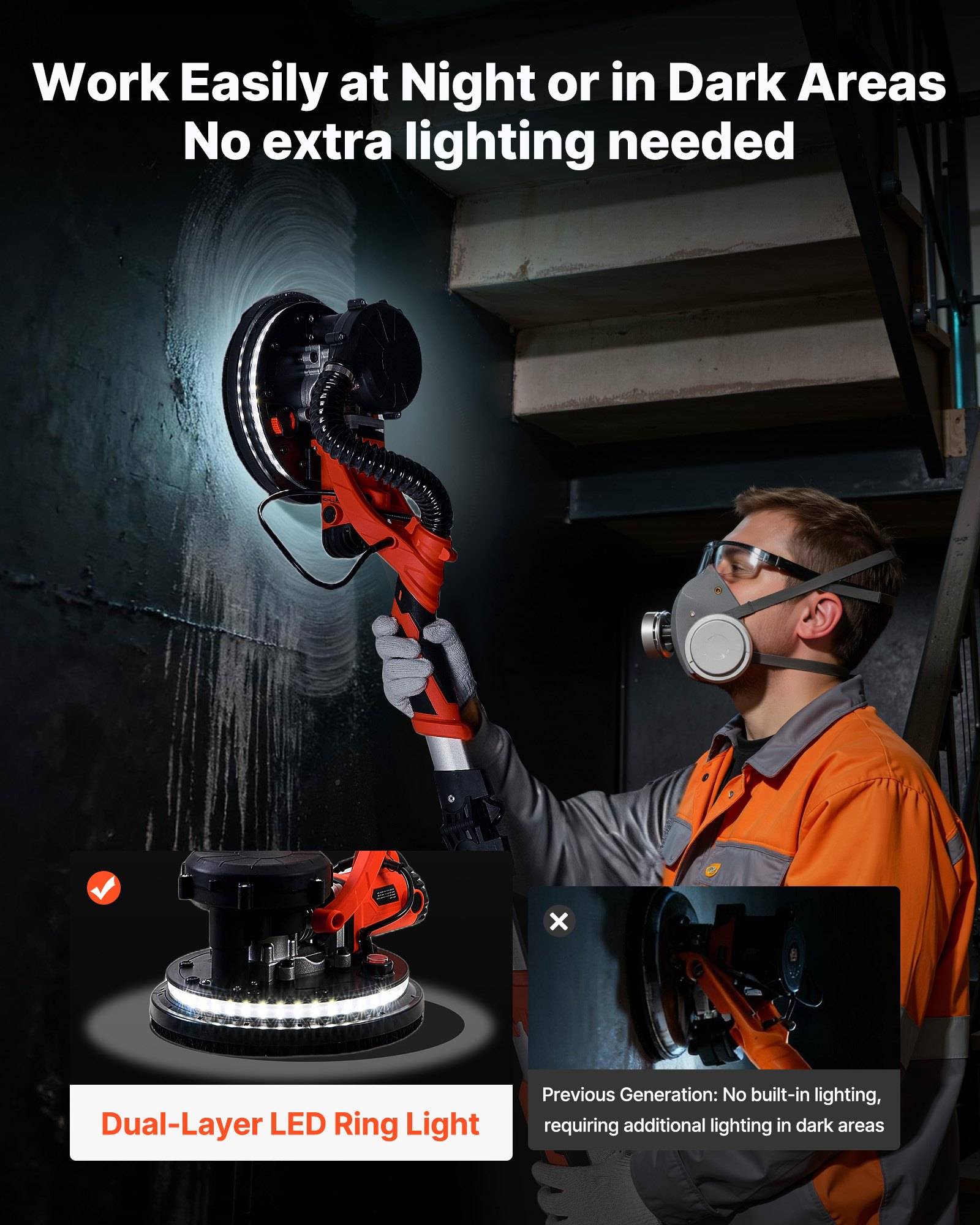 Ein Arbeiter benutzt eine LED-Ringlampe mit zwei Schichten auf einem Elektrowerkzeug, um in einem dunklen Bereich zu arbeiten; der Text sagt „Arbeiten Sie nachts oder in dunklen Bereichen mühelos" und „Keine zusätzliche Beleuchtung erforderlich"".
