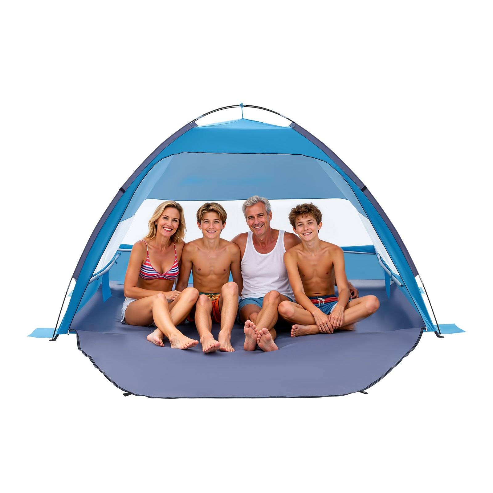 Familie mit vier Personen sitzt in einem blauen Strandpop-up-Zelt auf weißem Hintergrund.