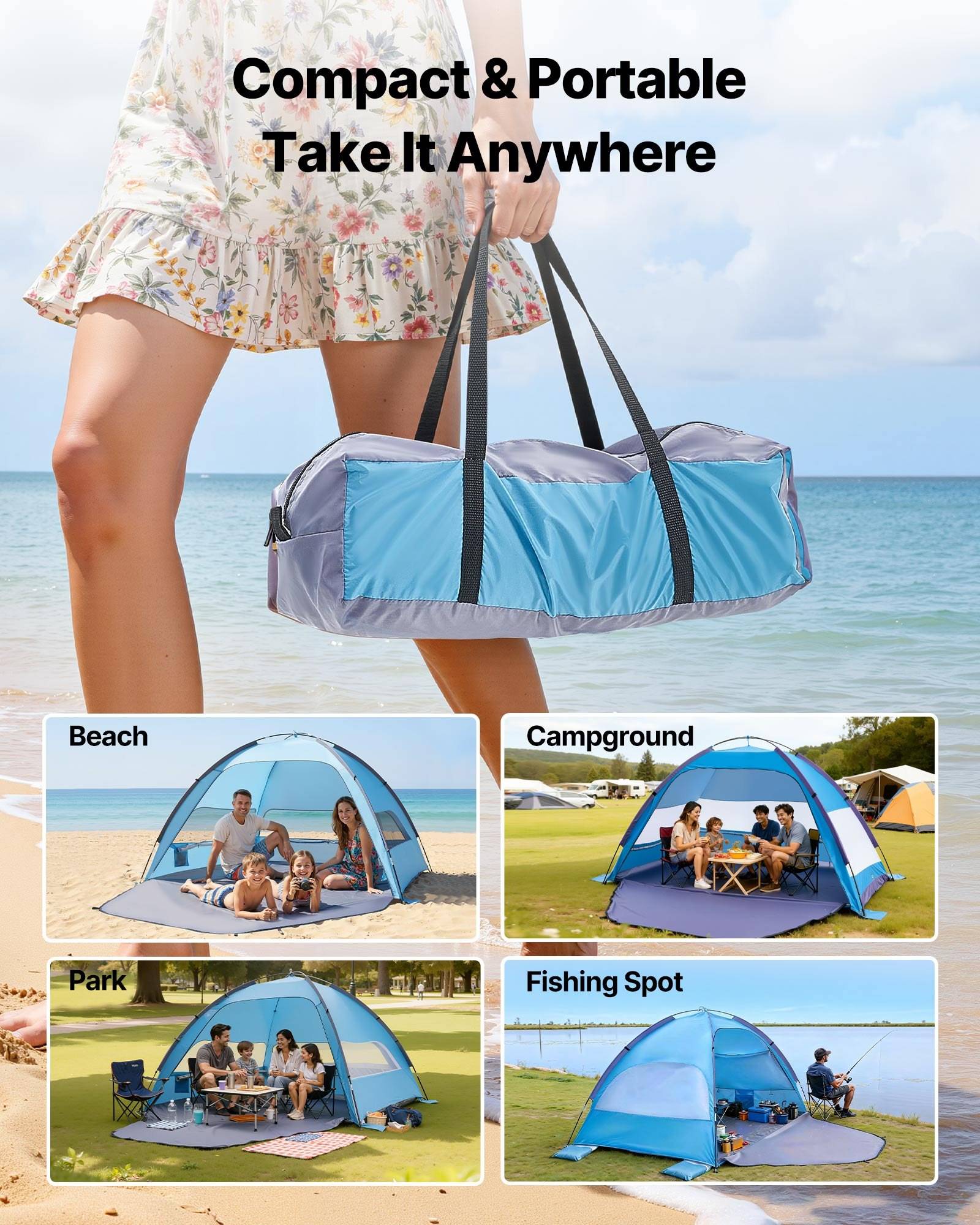 Collage-Werbung für ein tragbares Zelt: Eine Frau trägt eine kompakte Tasche am Strand, mit Einsätzen, die die Verwendung am Strand, auf dem Campingplatz, im Park und an der Angelstelle zeigen.
