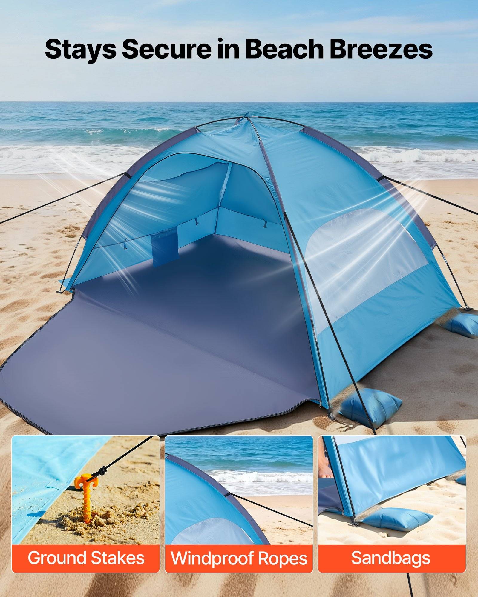 Strandvorzelt mit Bodenankern, windsicheren Seilen und Sandsäcken; die Überschrift lautet „Bleibt bei Meeresbriesen sicher verankert".