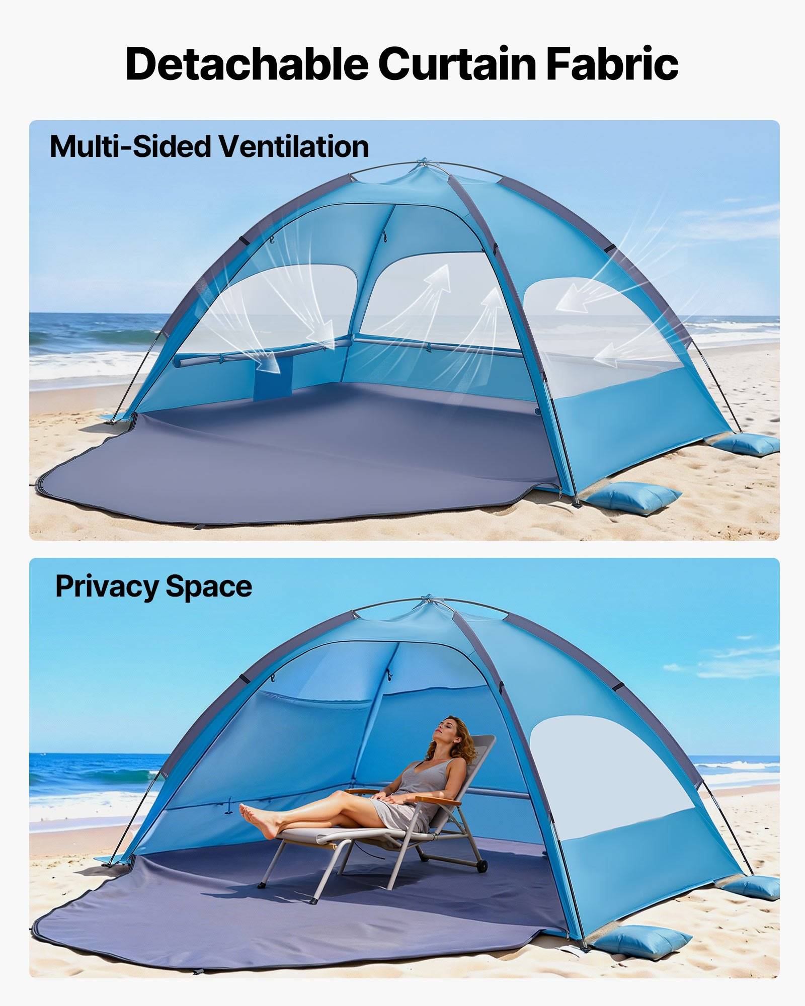Werbegraphik eines Strandzelts mit abnehmbarem Vorhangstoff, das mehrseitige Belüftung und einen privaten, schattierten Sitzbereich mit einem Liegestuhl zeigt.