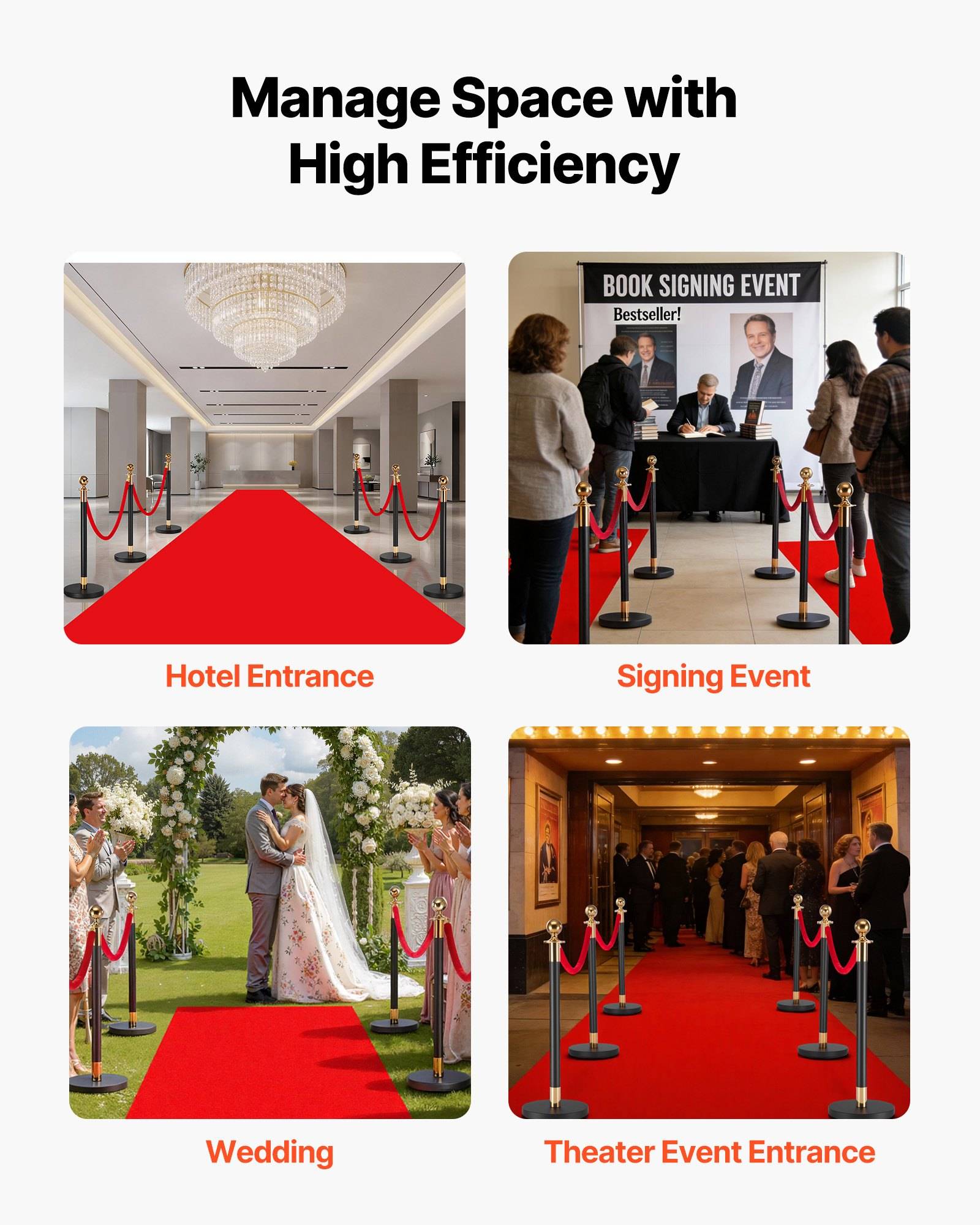 Infografik mit dem Titel „Platz effizient nutzen" zeigt rote Teppichdesigns für Hoteleingang, Signierevent, Hochzeit und Theatereingang.