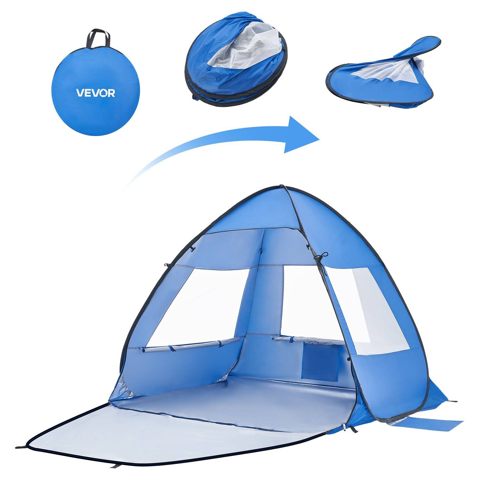 Blaues Pop-up-Strandzelt mit Tragetasche gezeigt, kompakt zusammengefaltet und dann zu einem Schutzschirm-Unterstand mit angefügter vorderer Bodenmatte aufgeklappt.
