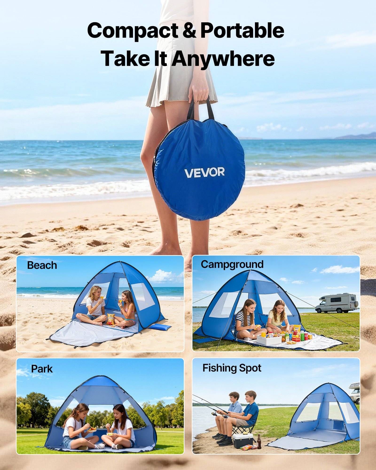 Blaues tragbares Pop-up-Zelt mit Tragetasche an einem Strand, dargestellt als kompakt und einsatzbar für Strand-, Campingplatz-, Park- und Angelausflüge.