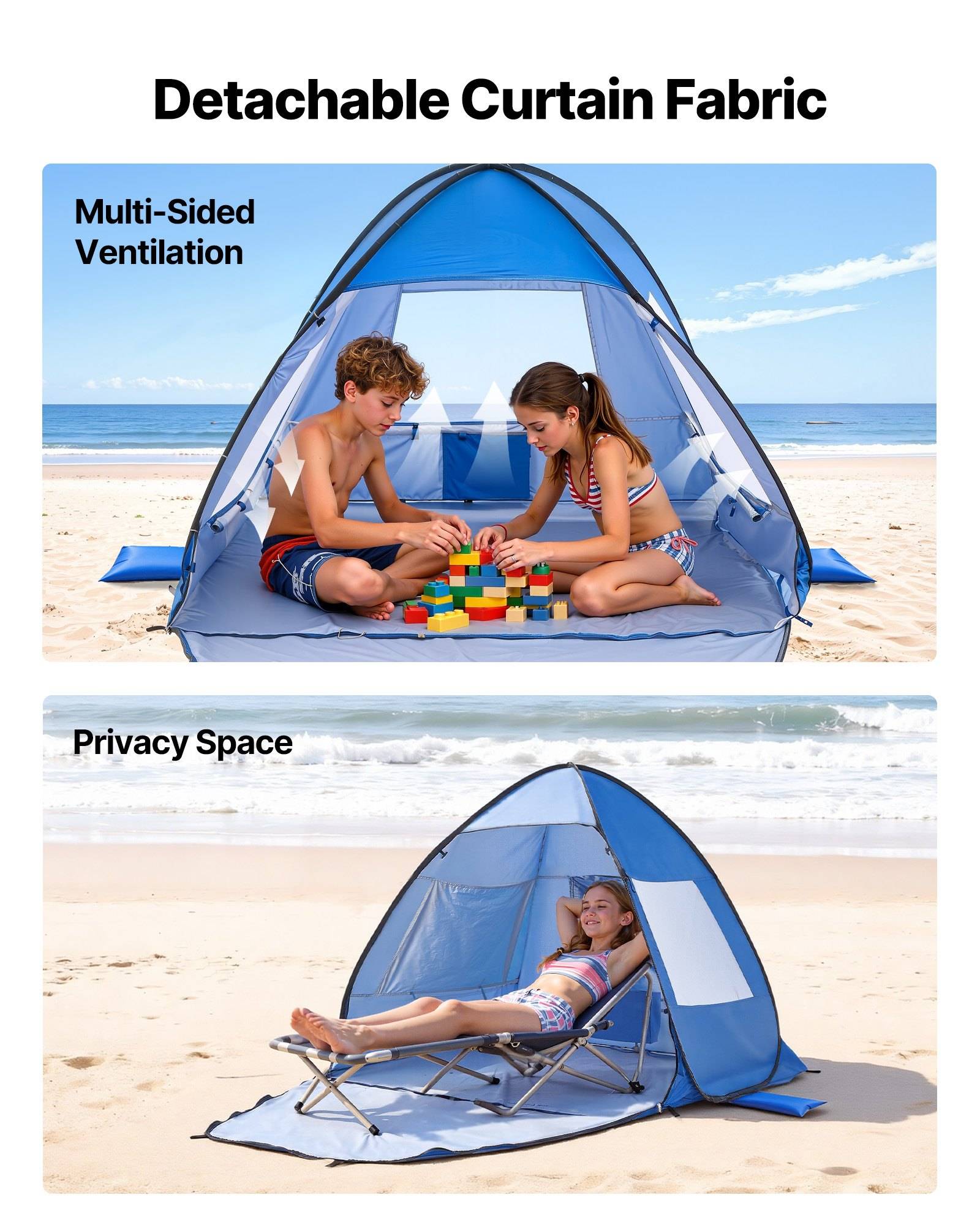 Illustration eines Strandzelts mit abnehmbarem Vorhangstoff, das mehrseitige Belüftung und einen privaten Entspannungsbereich zeigt.