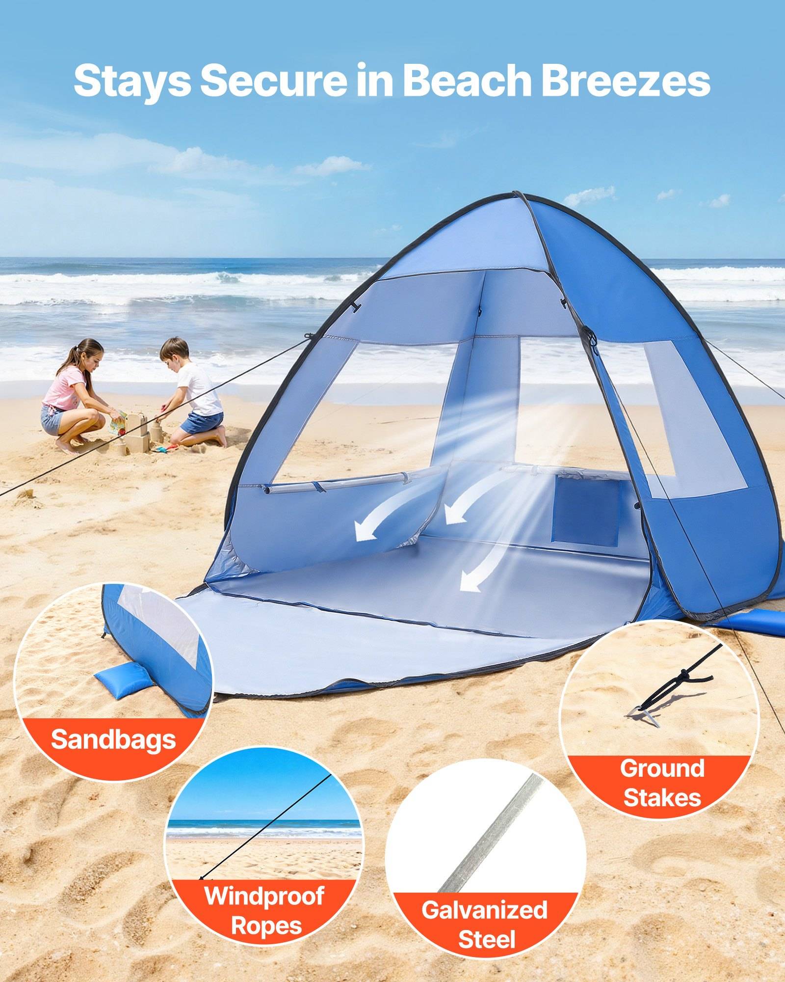 Strandmuschel, verankert mit Sandsäcken, windfesten Seilen und Erdbefestigungen; der Text lautet „Bleibt bei Meeresbriesen sicher".