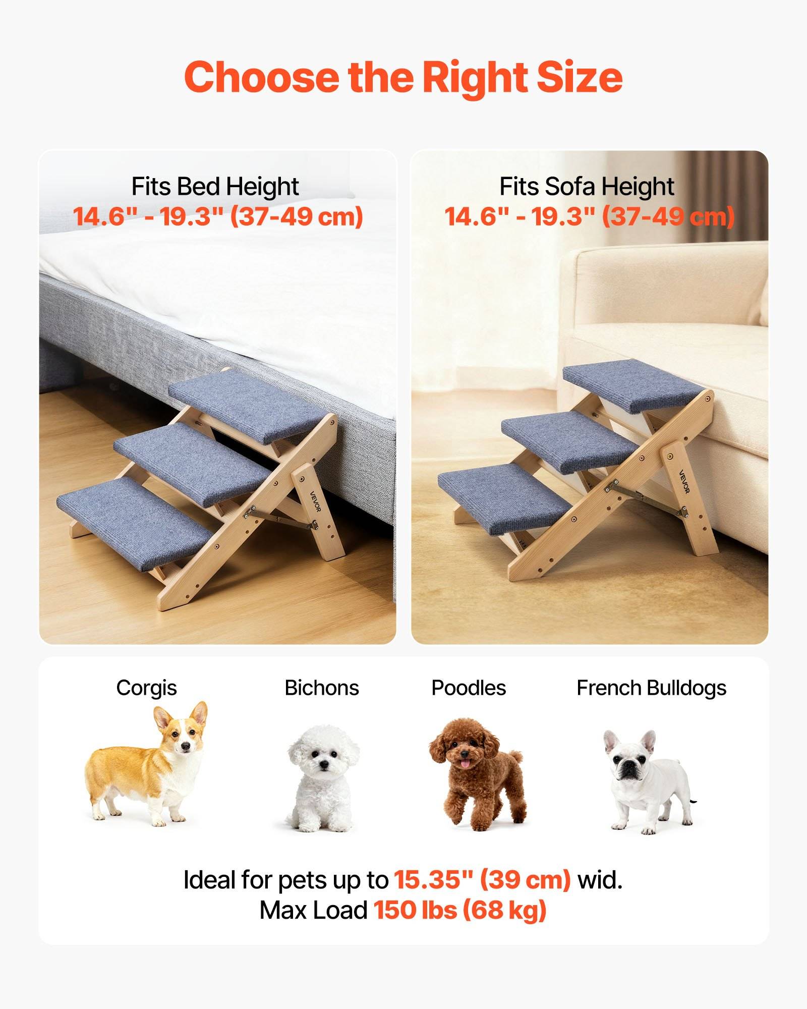 Produktgrafik mit dem Titel „Wählen Sie die richtige Größe", die eine 3-stufige Haustiererampe zeigt, die für Betten und Sofas mit einer Höhe von 14,6 bis 19,3 Zoll geeignet ist; ideal für Corgis, Bichons, Pudel und Französische Bulldoggen bis 15,35 Zoll breit, maximale Belastung 150 lbs.