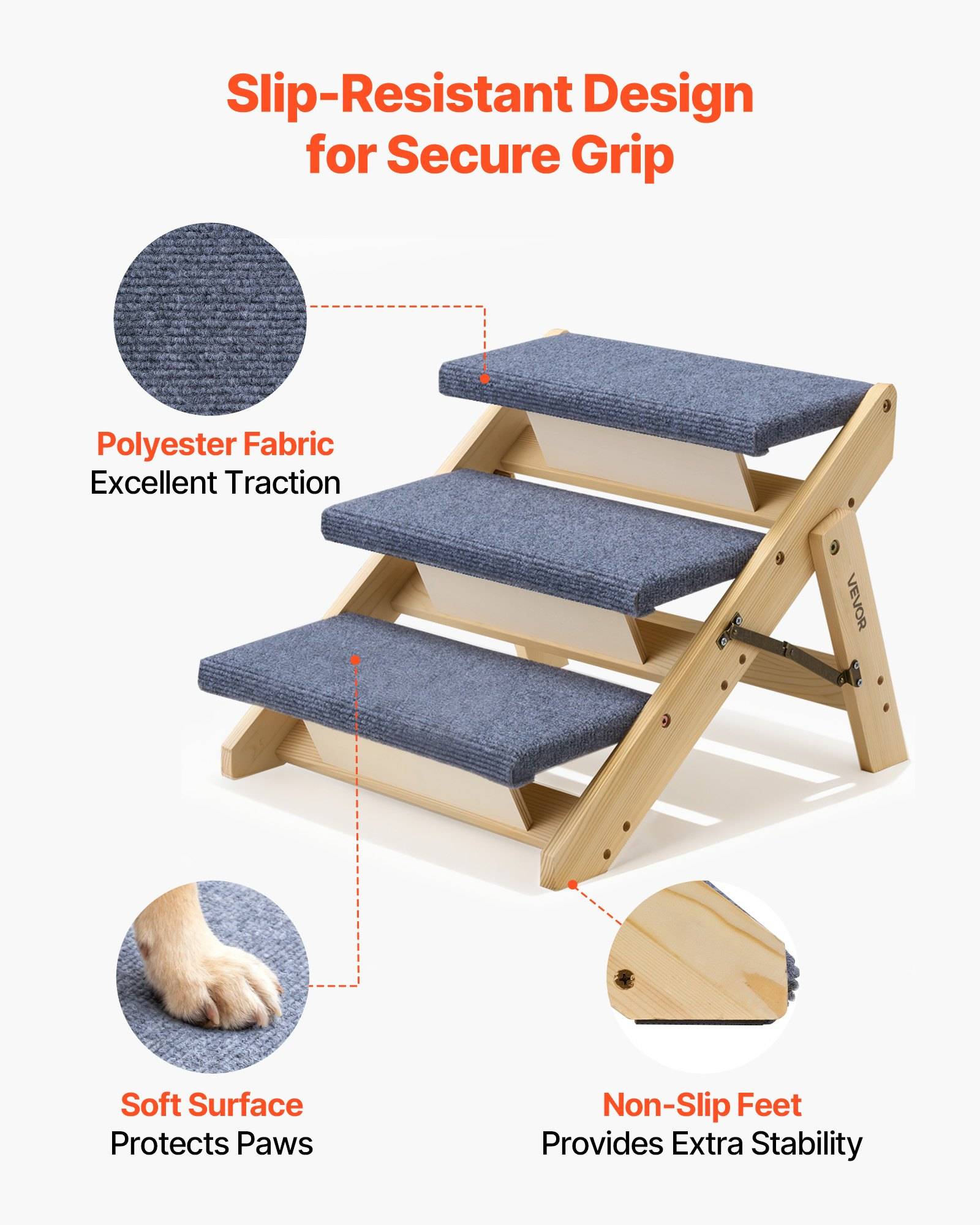 Illustration einer dreistufigen Haustiertreppetreppe mit Teppichbelägen, gekennzeichnet durch rutschfestes Design für sicheren Halt, Polyesterstoff, weiches Material und rutschfeste Füße.