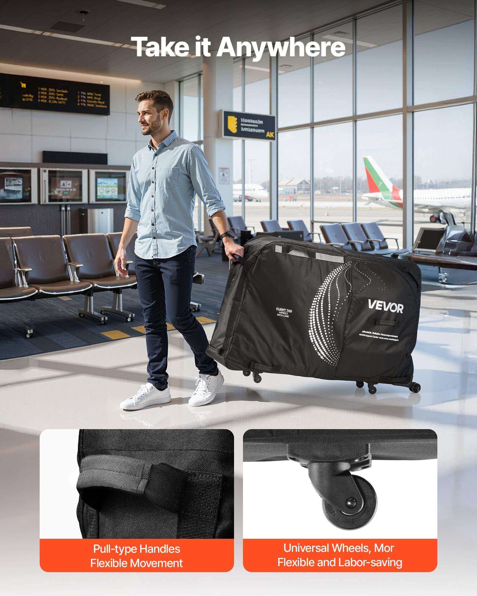 Ein Mann zieht einen zusammengeklappten VEVOR-Wagen mit Rädern durch einen Flughafen, mit der Überschrift „Überall hin mitnehmen" und Funktionsmerkmalen für Zuggriffe und Universalräder.