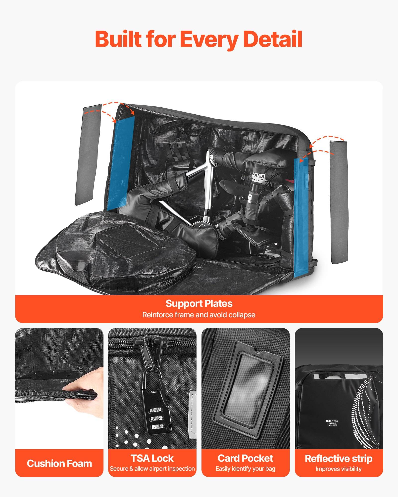 Produktfeature-Grafik für einen Rucksack/eine Reisetasche mit „Gebaut für jedes Detail" und hervorgehobene Details: Stützplatten, Polsterschaum, TSA-Schloss, Kartenfach und Reflektivstreifen.