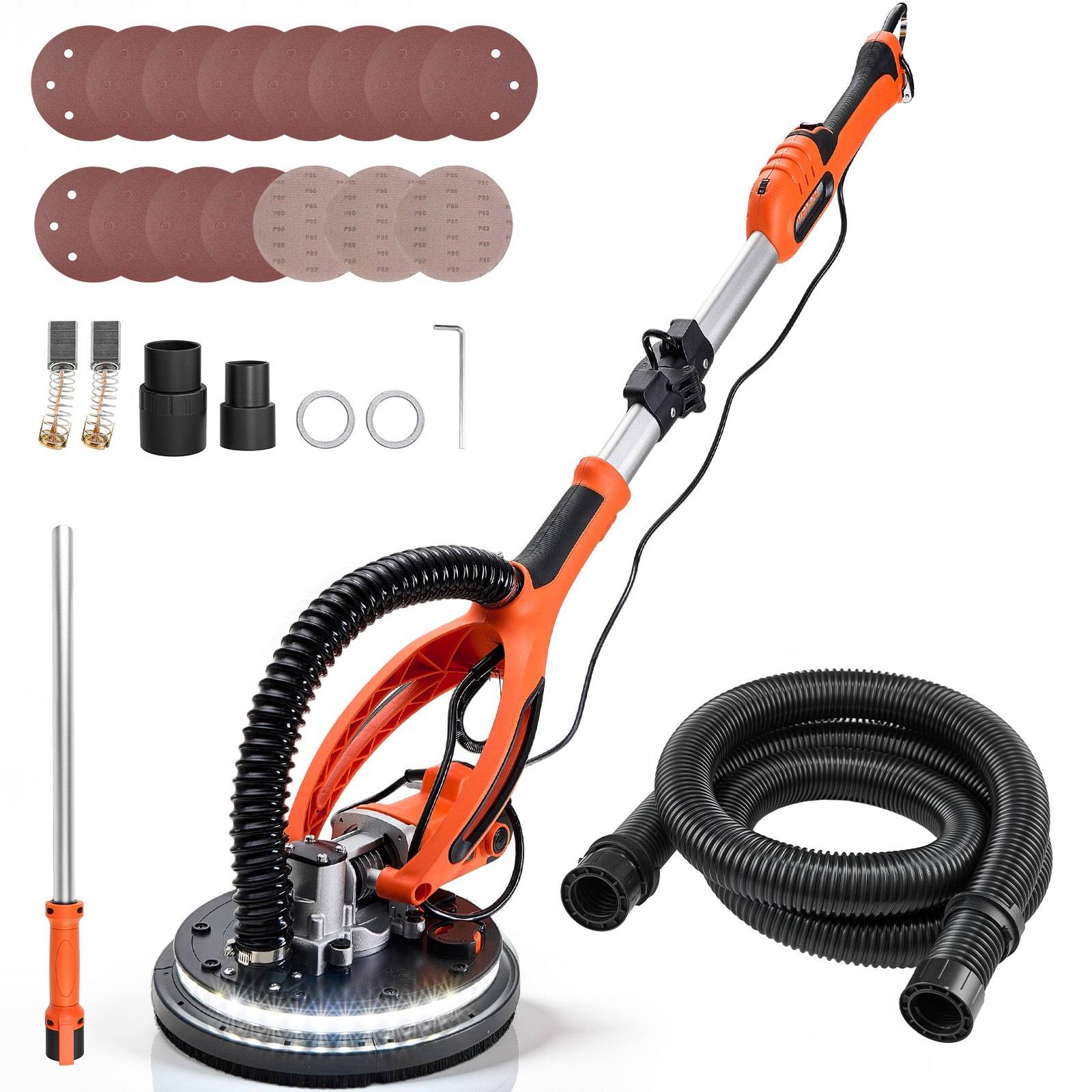 Elektroschleifsatz für Trockenbau mit orangefarbenem vakuumgestütztem Schleifer, Verlängerungsstange, Schlauch, Schleifscheiben, Bürsten, Adaptern und Innensechskantschlüssel.