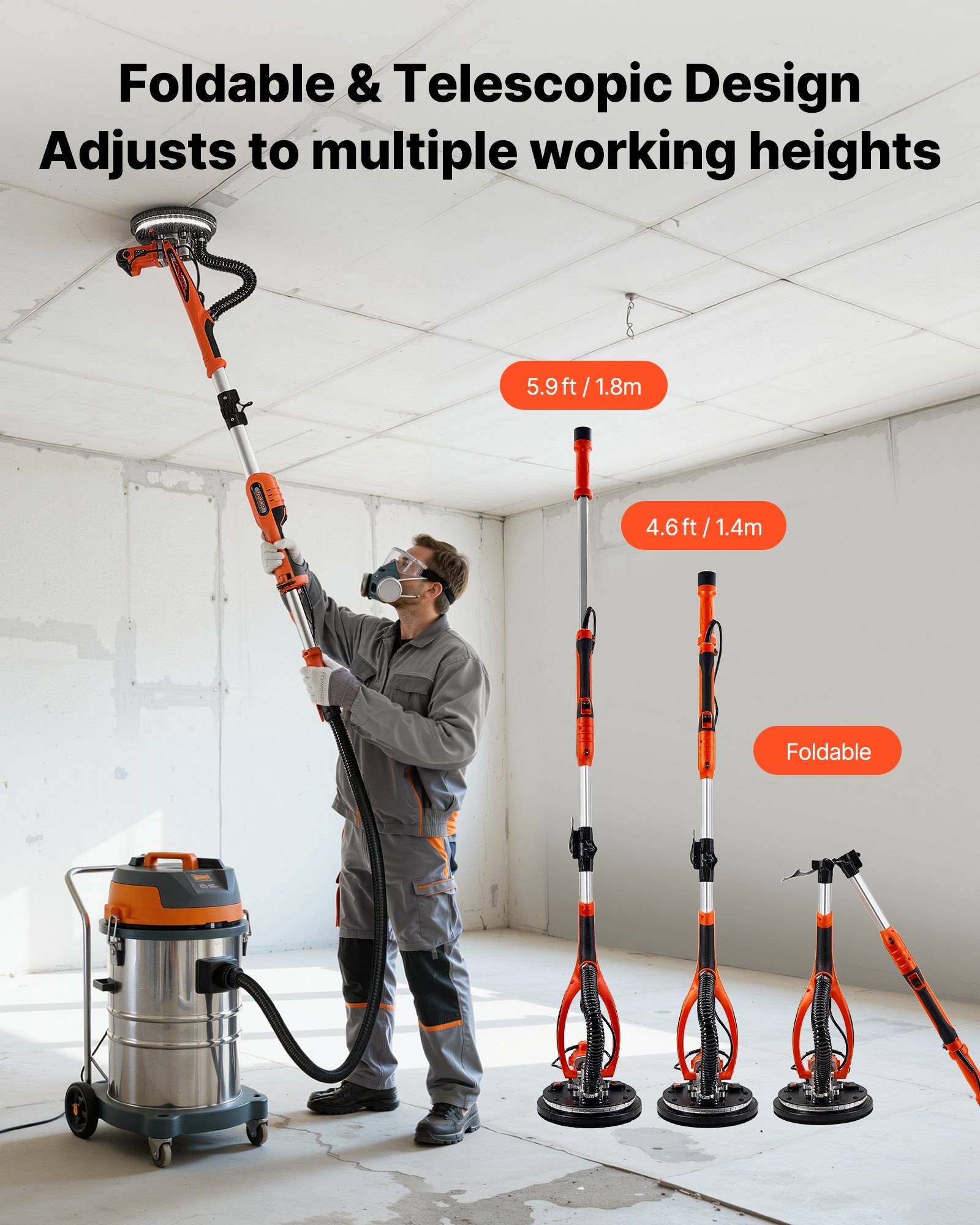 Produktbild eines teleskopischen Bodenschleifers mit klappbarem Griff, shown in mehreren Höhen und einem Arbeiter, der ihn verwendet, beschriftet mit 'Klappbares & Teleskopisches Design passt sich mehreren Arbeitshöhen an'.