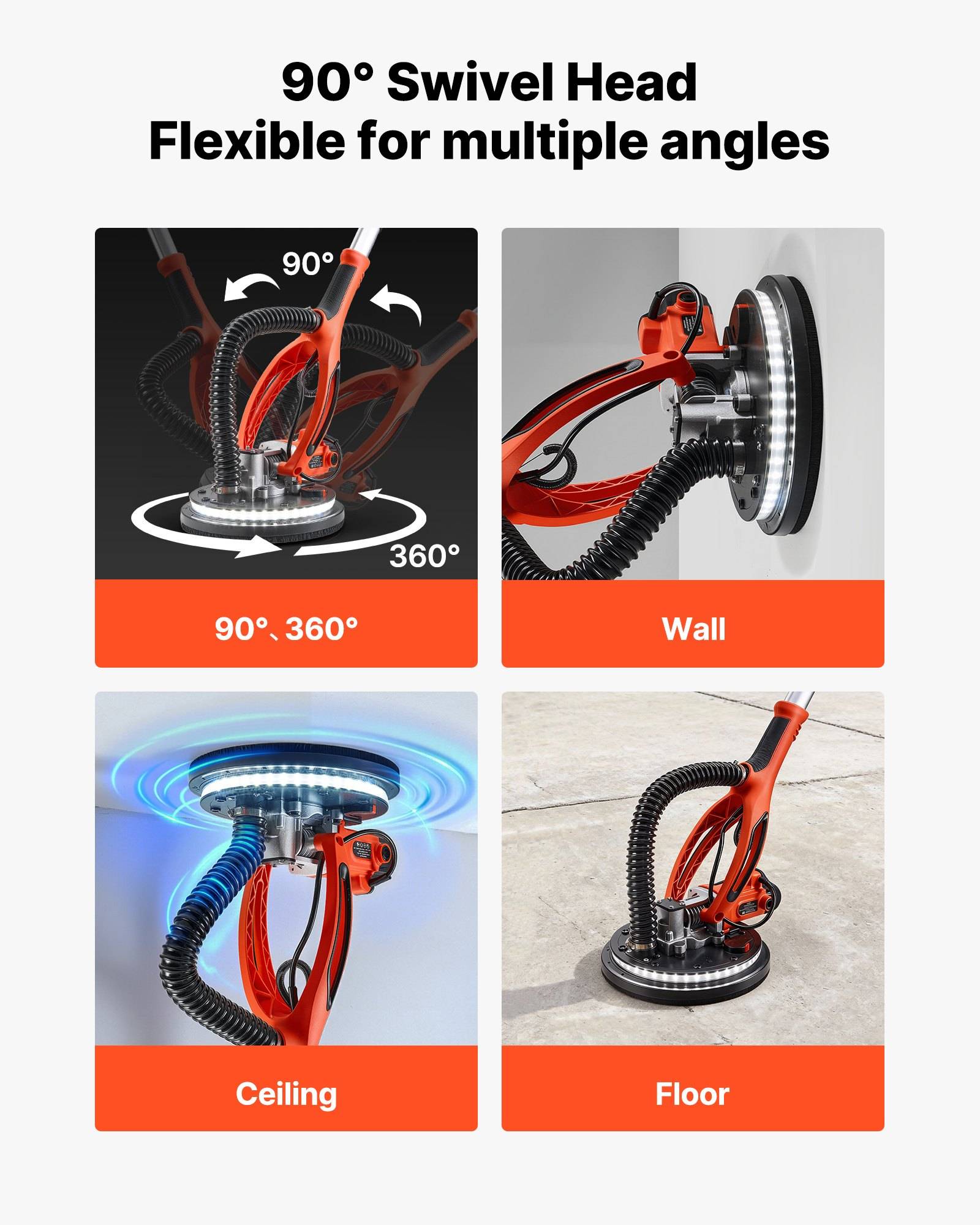 Infografik eines Staubsaugers mit um 90° schwenkbarem Kopf, der flexible Verwendung an Wand, Decke und Boden mit 360°-Rotation zeigt.