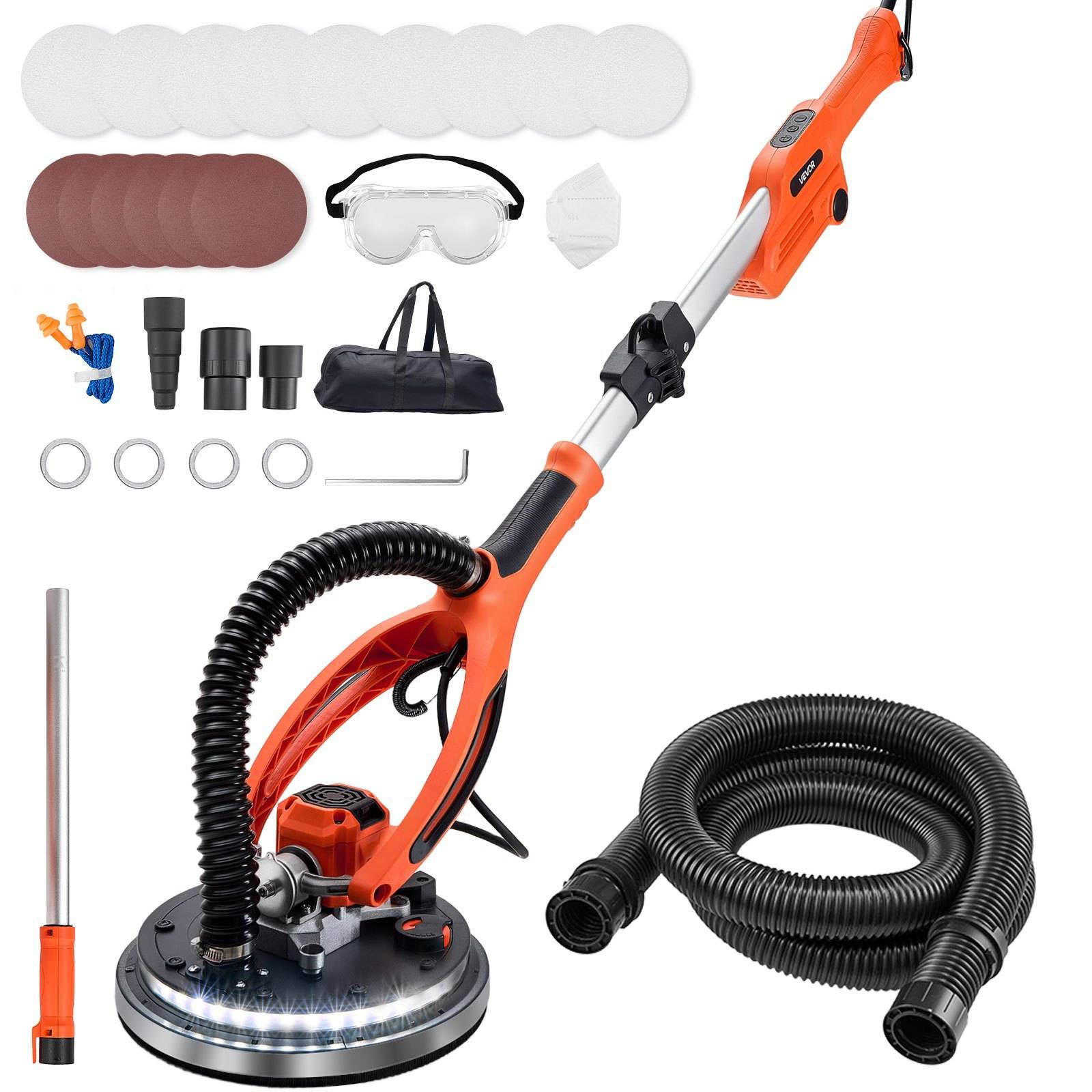 Orangefarbener Bodenschleifer/Polisher mit Staubsaugerschlauch und Zubehör, bestehend aus Schleifscheiben, Schutzbrille, Maske, Staubadaptern, Beutel und Schraubenschlüssel.