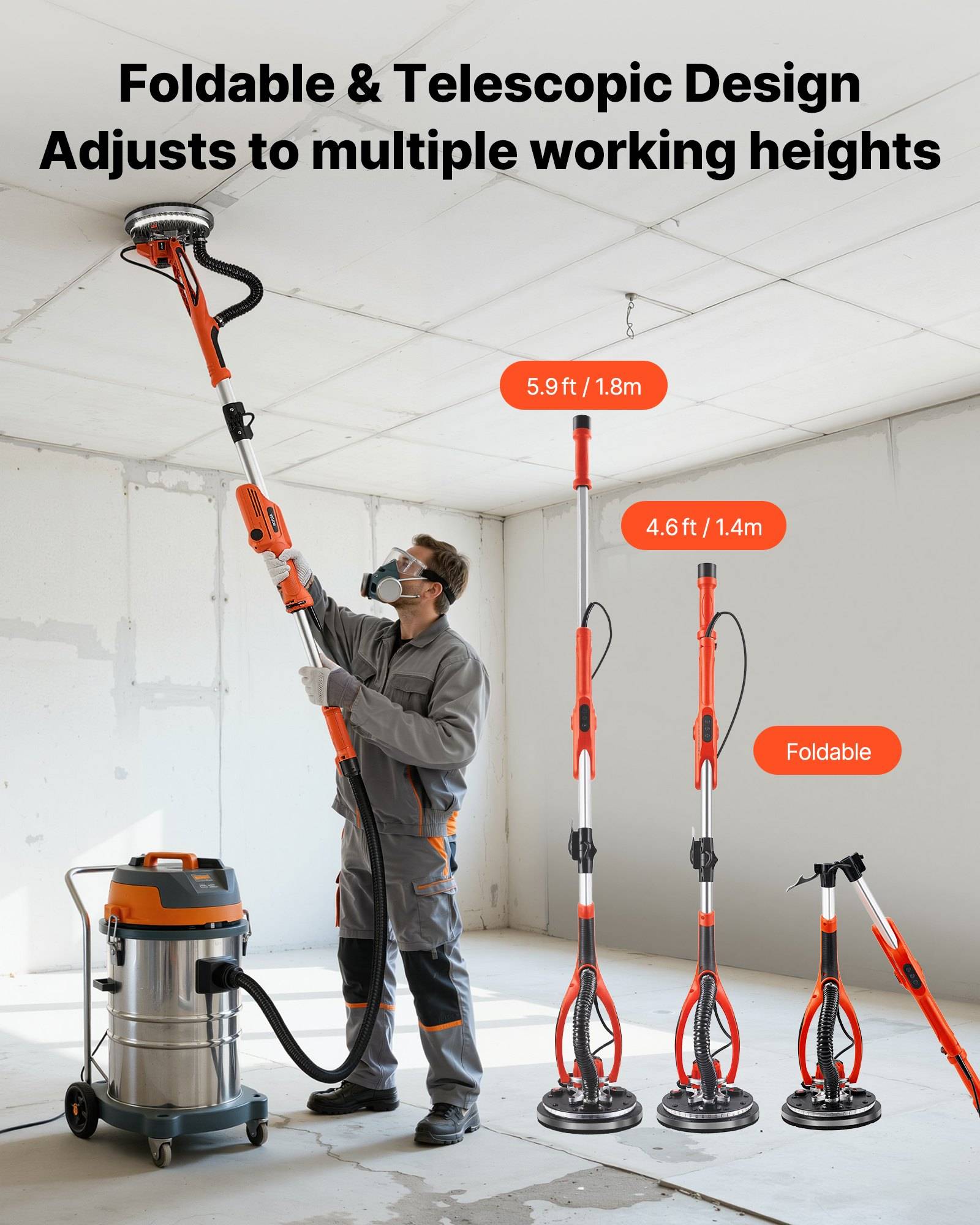 Arbeiter, der einen Teleskop-Bodenschleifer in einem Raum verwendet, mit Produktbeschriftungen, die faltbar und verstellbare Höhen zeigen: 5,9 ft/1,8 m, 4,6 ft/1,4 m und faltbar.