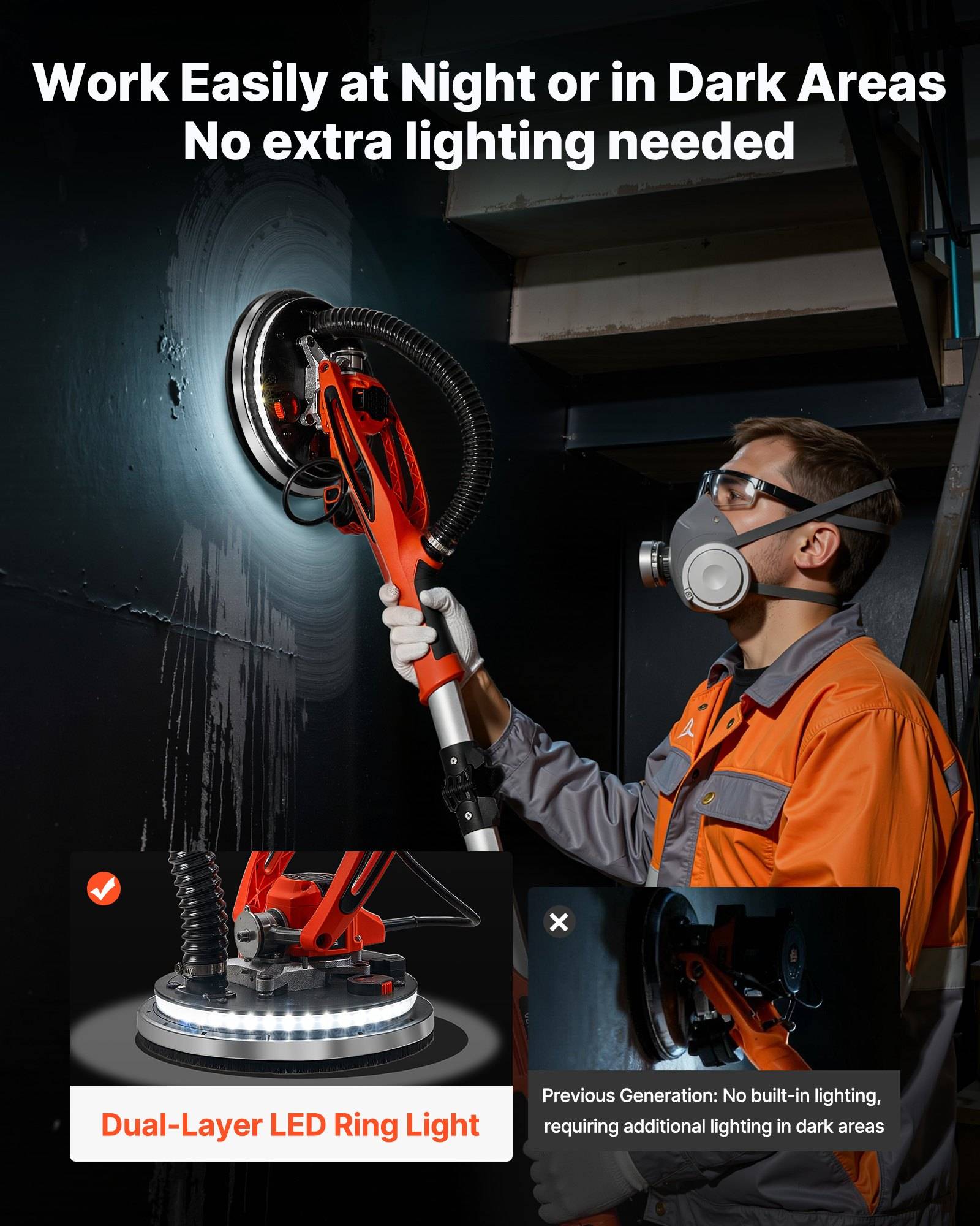 Werbegrafik eines Saugliftwerkzeugs mit doppelschichtigem LED-Ringlichts, das in einem dunklen Bereich im Einsatz gezeigt wird, mit dem Text „Arbeite leicht nachts oder in dunklen Bereichen, keine zusätzliche Beleuchtung erforderlich".