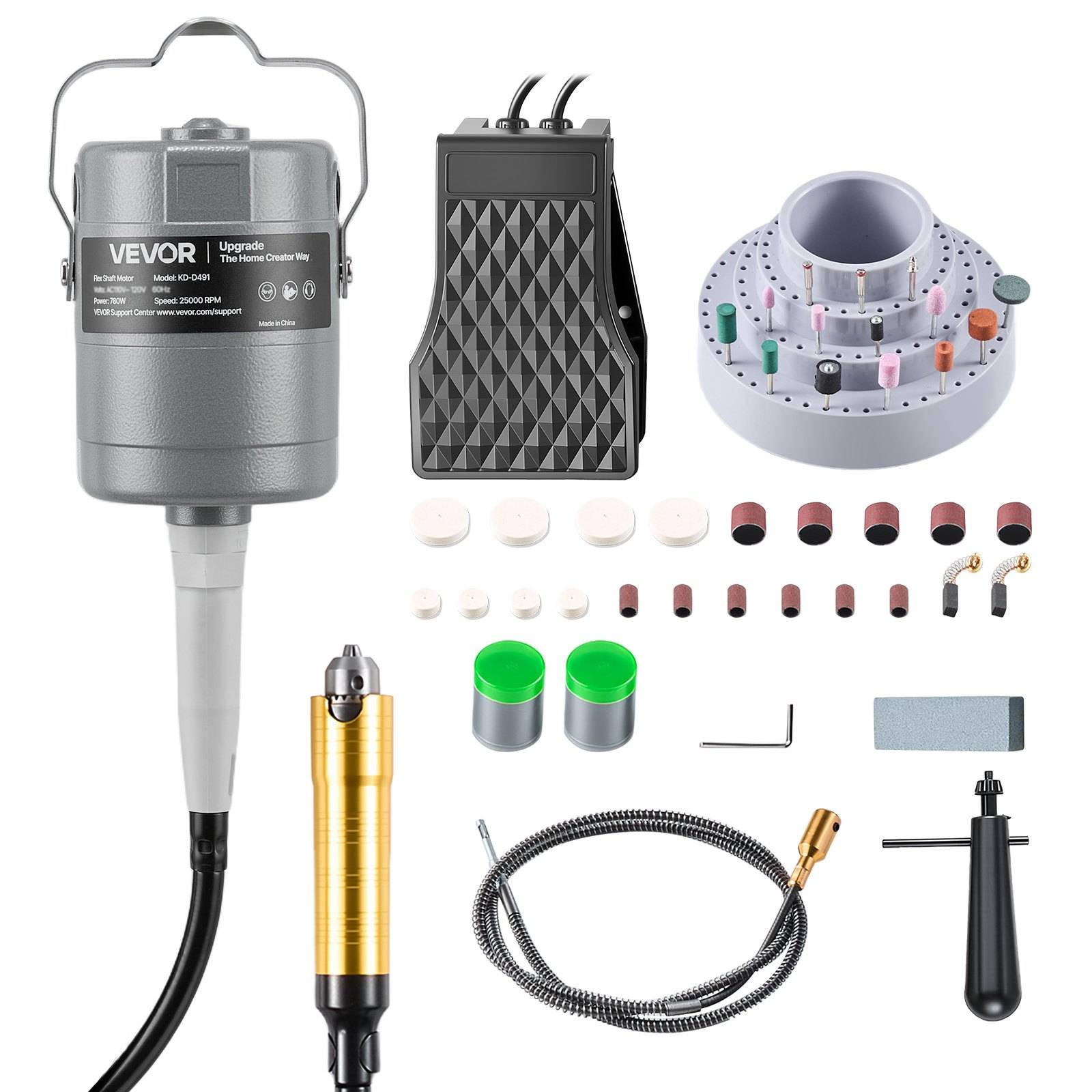 VEVOR Heim-Stickmaschinen-Set mit Steuergerät, Fußpedal, Fadenhalter, Stich-Zubehör, Spulenboxen, Werkzeugen und Ersatzteilen.