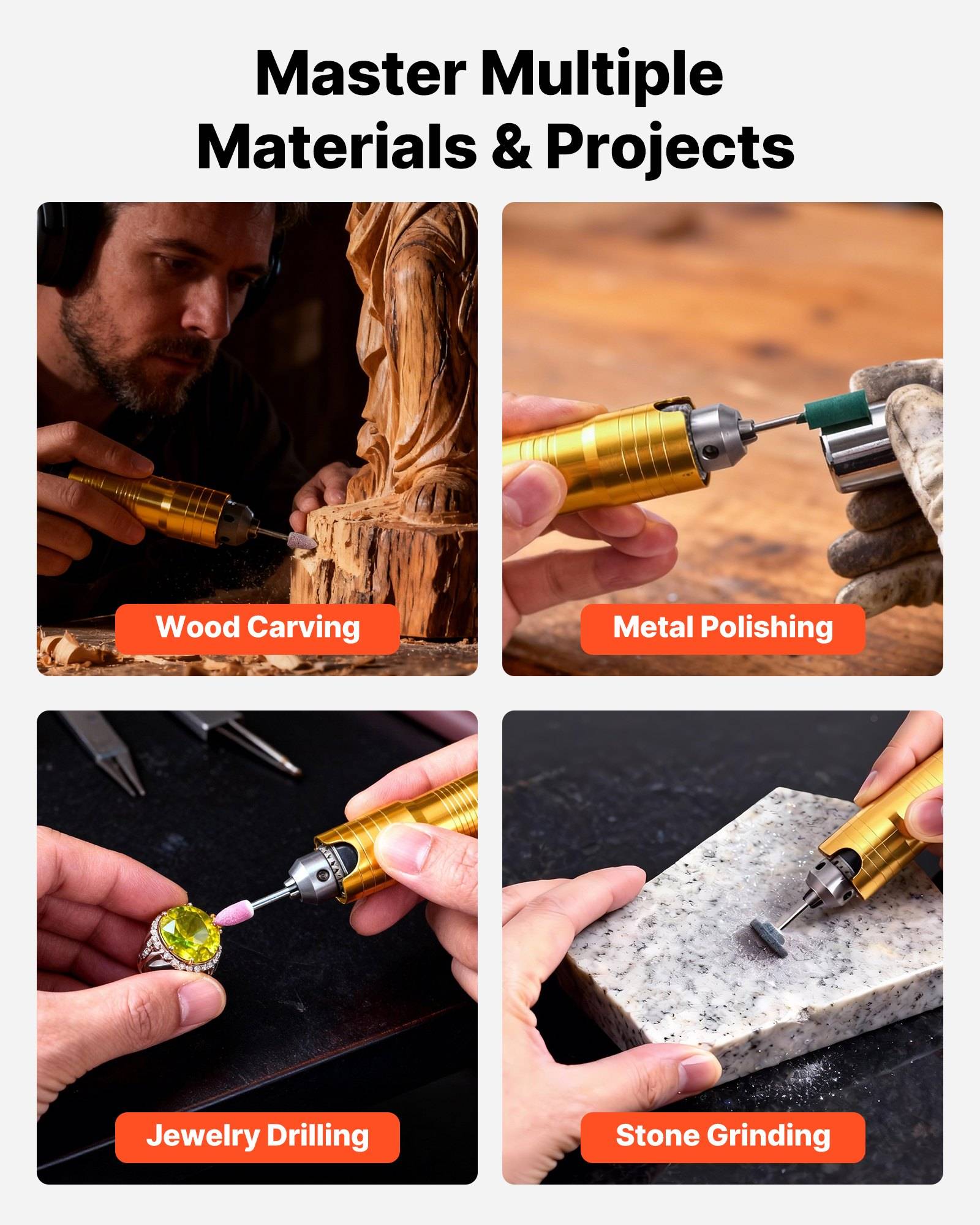 Werbegrafikbereich mit dem Titel „Meistern Sie Mehrere Materialien & Projekte" mit vier Werkzeuganwendungen: Holzschnitzerei, Metallpolieren, Schmuckbohren und Steinschleifen.