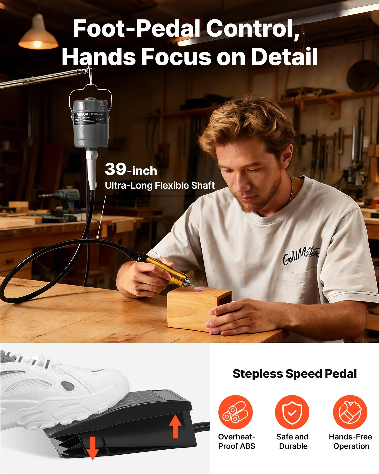 Werbebild eines fußpedalgesteuerten Rotationswerkzeugs mit „39-Zoll Ultra-Langer Flexibler Welle"; ein Mann arbeitet an Holz an einer Werkbank, während ein Trittschalter unten mit „Stufenloses Geschwindigkeitspedal"" und Sicherheitssymbolen gezeigt wird.