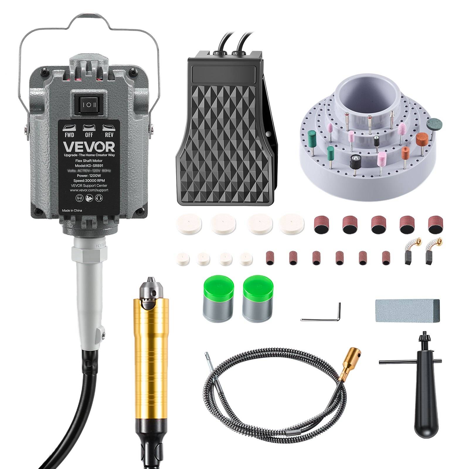 VEVOR elektrisches Nagelbohr-Set mit Handstück, Fußpedal, Schleifbändern, Bohrspitzen, Fußsteuerung und Zubehör auf weißem Hintergrund angeordnet.