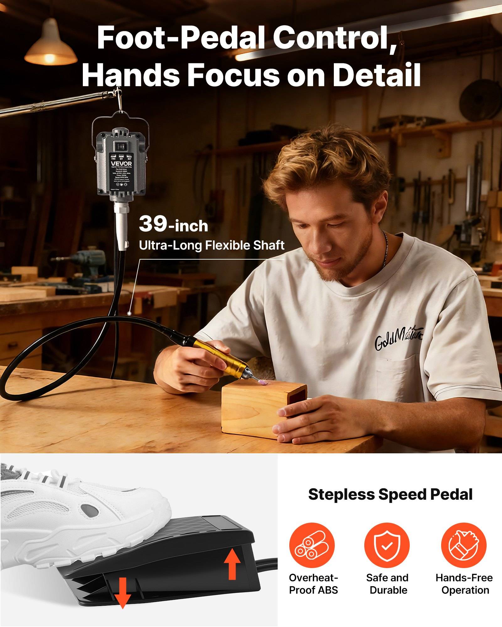 Werbebild eines Mannes, der Holz mit einem fußbetriebenen Drehwerkzeug bearbeitet, mit den Merkmalen „Fußpedalsteuerung, Hände konzentrieren sich auf Details" und einem „39-Zoll-Ultralanges flexibles Kabel"" sowie stufenlosen Drehzahlpedalfunktionen.