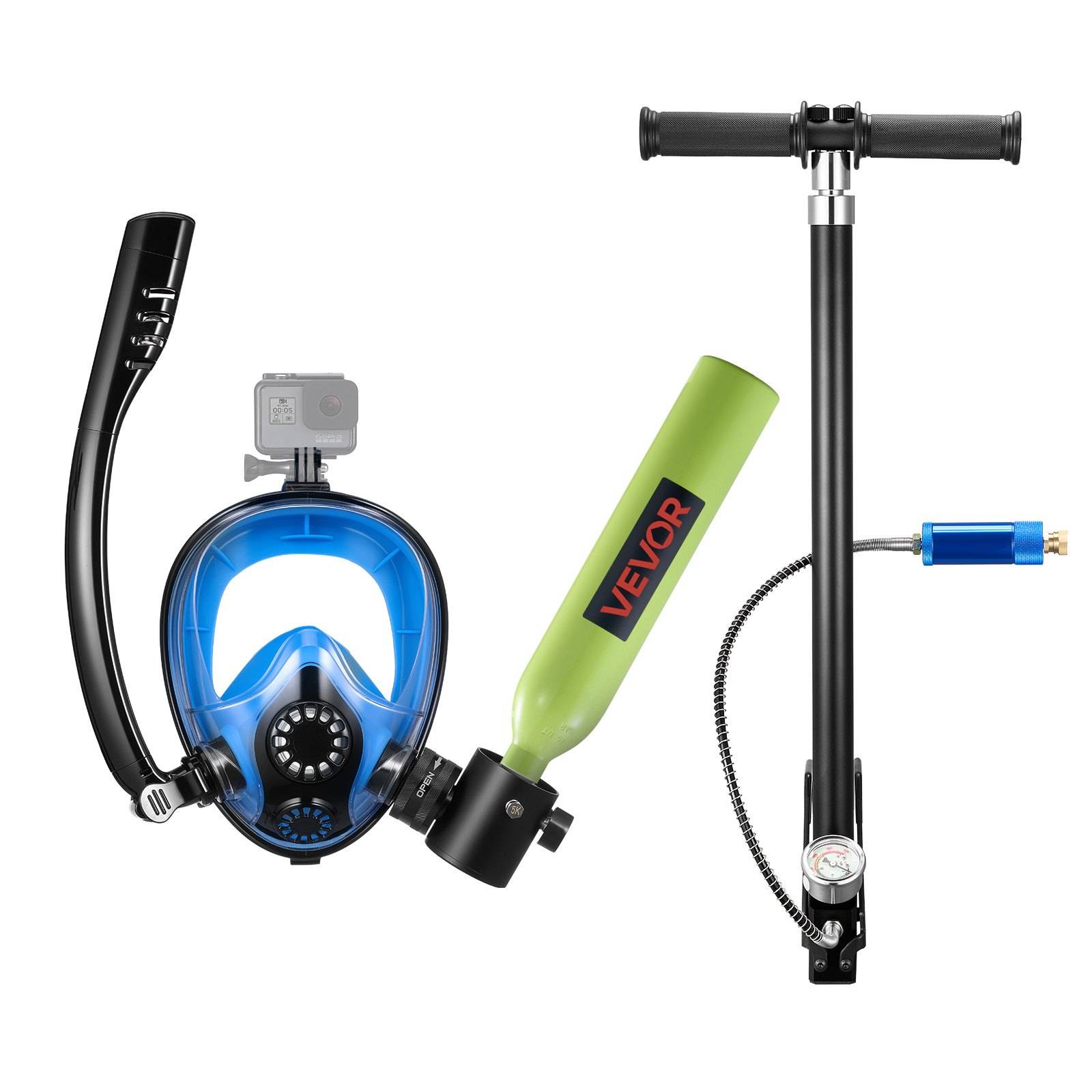 Aufblasbares Schnorchel-Set: Vollgesichtsmaske mit Schnorchel und Kamerahalterung, plus Handpumpe und Luftschlauch mit Manometer.