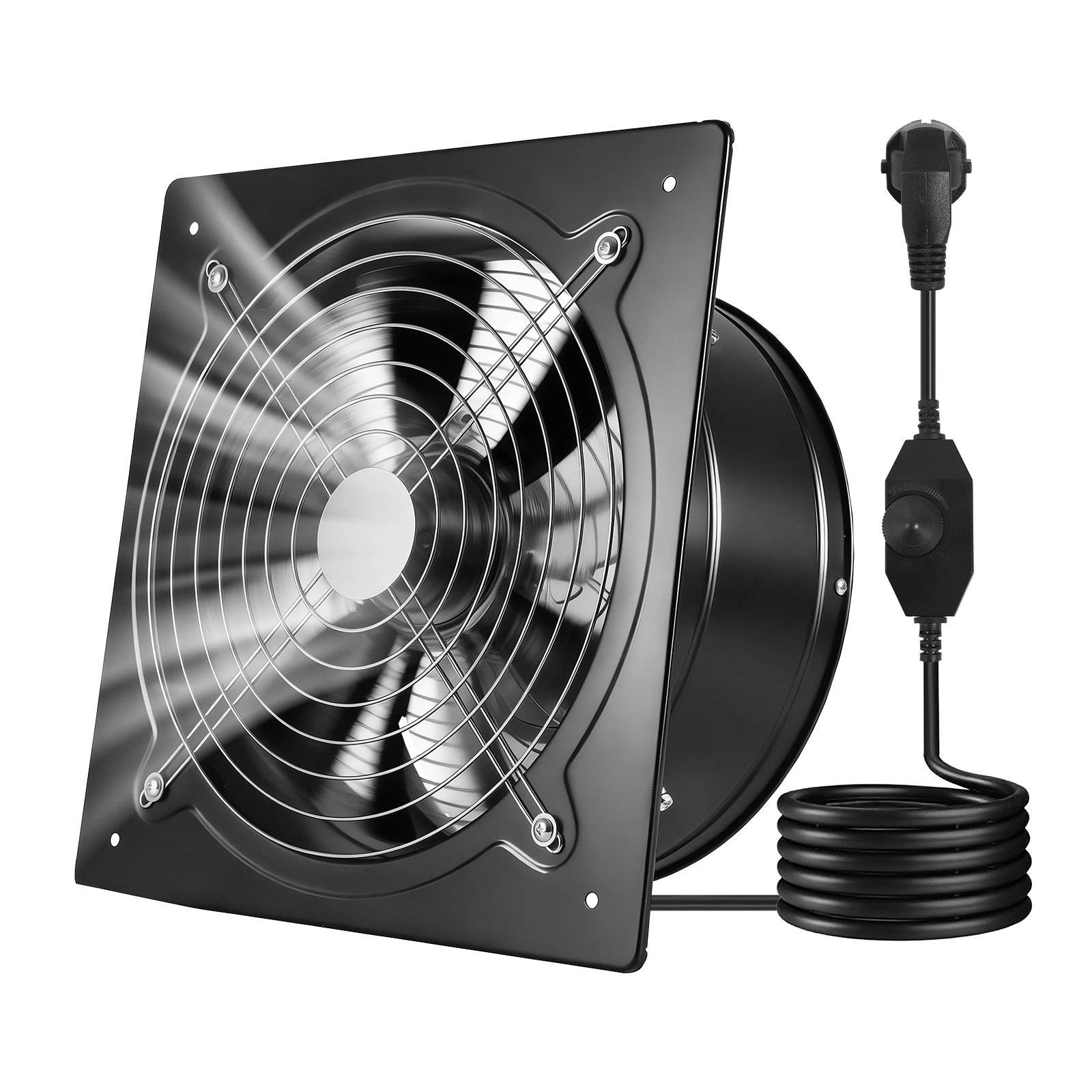 Schwarzer quadratischer Lüftungsventilator mit Drahtschutzgitter und angebrachtem Stromkabel mit Inline-Regelknopf, gezeigt auf weißem Hintergrund.