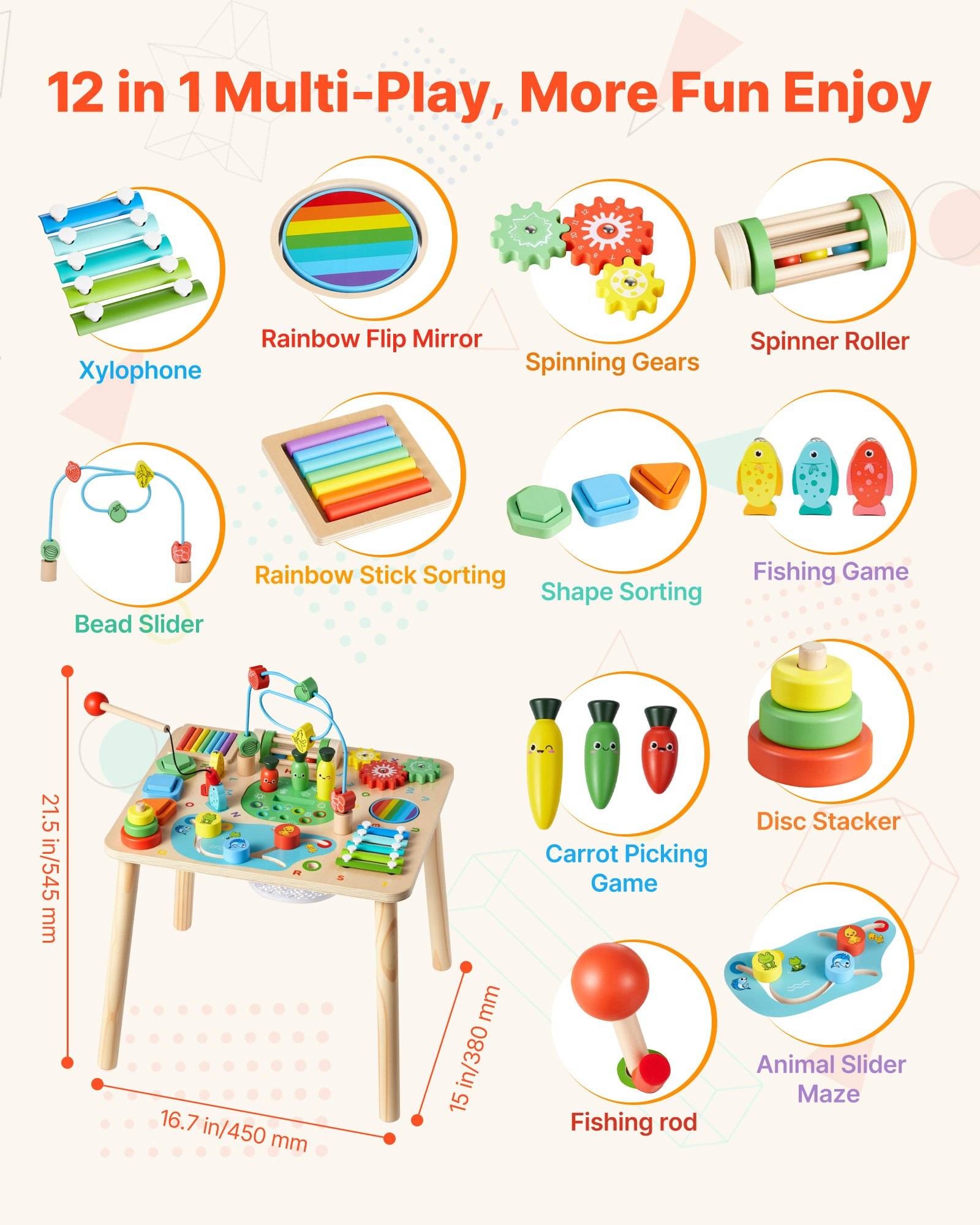 Plakat für einen „12 in 1 Multi-Play" Holzaktivitätstisch mit gekennzeichneten Funktionen: Xylophon, Spiegel, Zahnräder, Rolle, Perlenrutscher, Sortierspiele, Angelspiel, Disketten-Stapelautomat und Labyrinth.