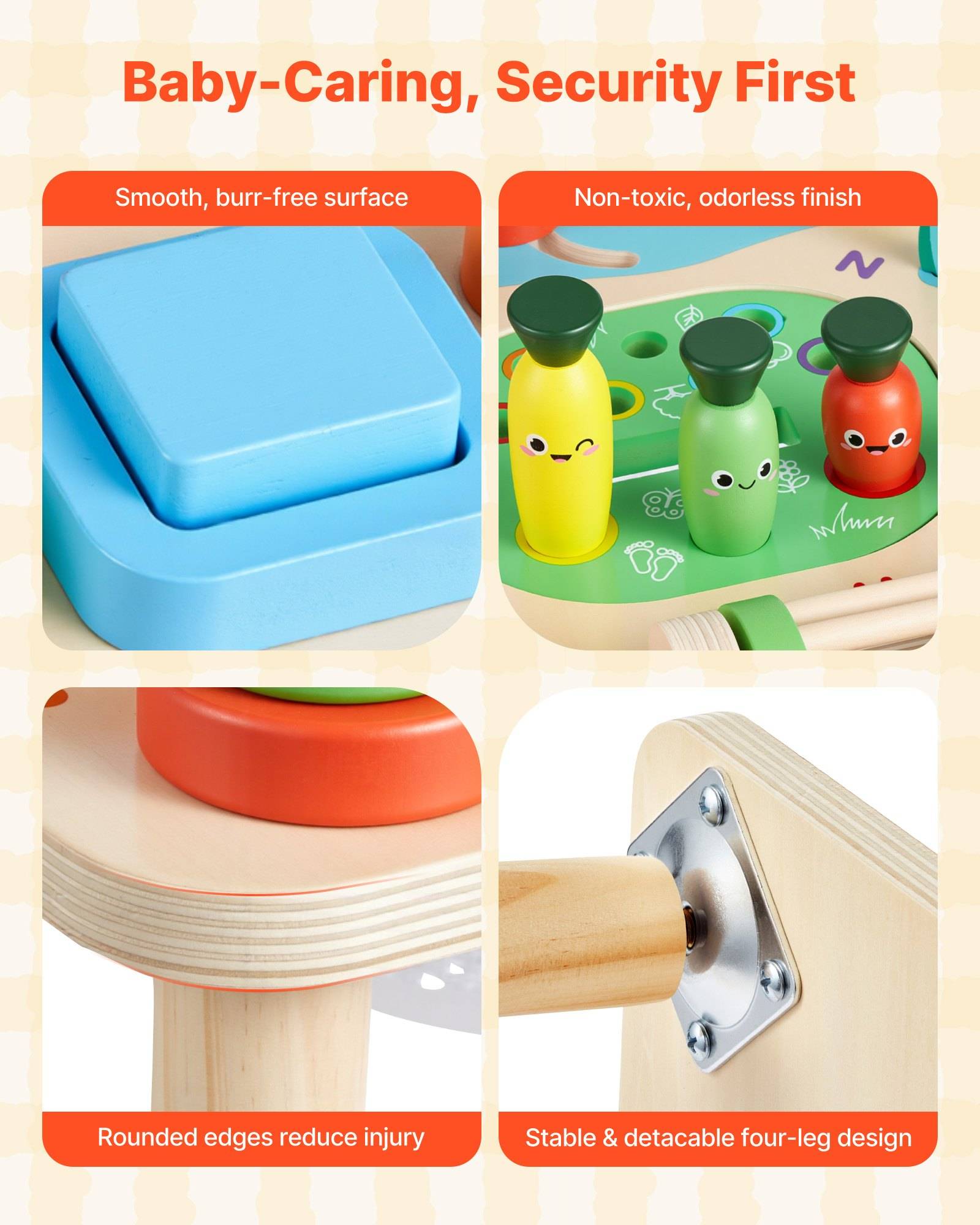 Werbekollage eines Babyspielzeugs mit der Bezeichnung „Baby-Caring, Security First", das eine glatte, gratfreie Oberfläche, eine ungiftige geruchlose Verarbeitung, abgerundete Kanten und ein stabiles abnehmbares vierbeiniges Design zeigt.