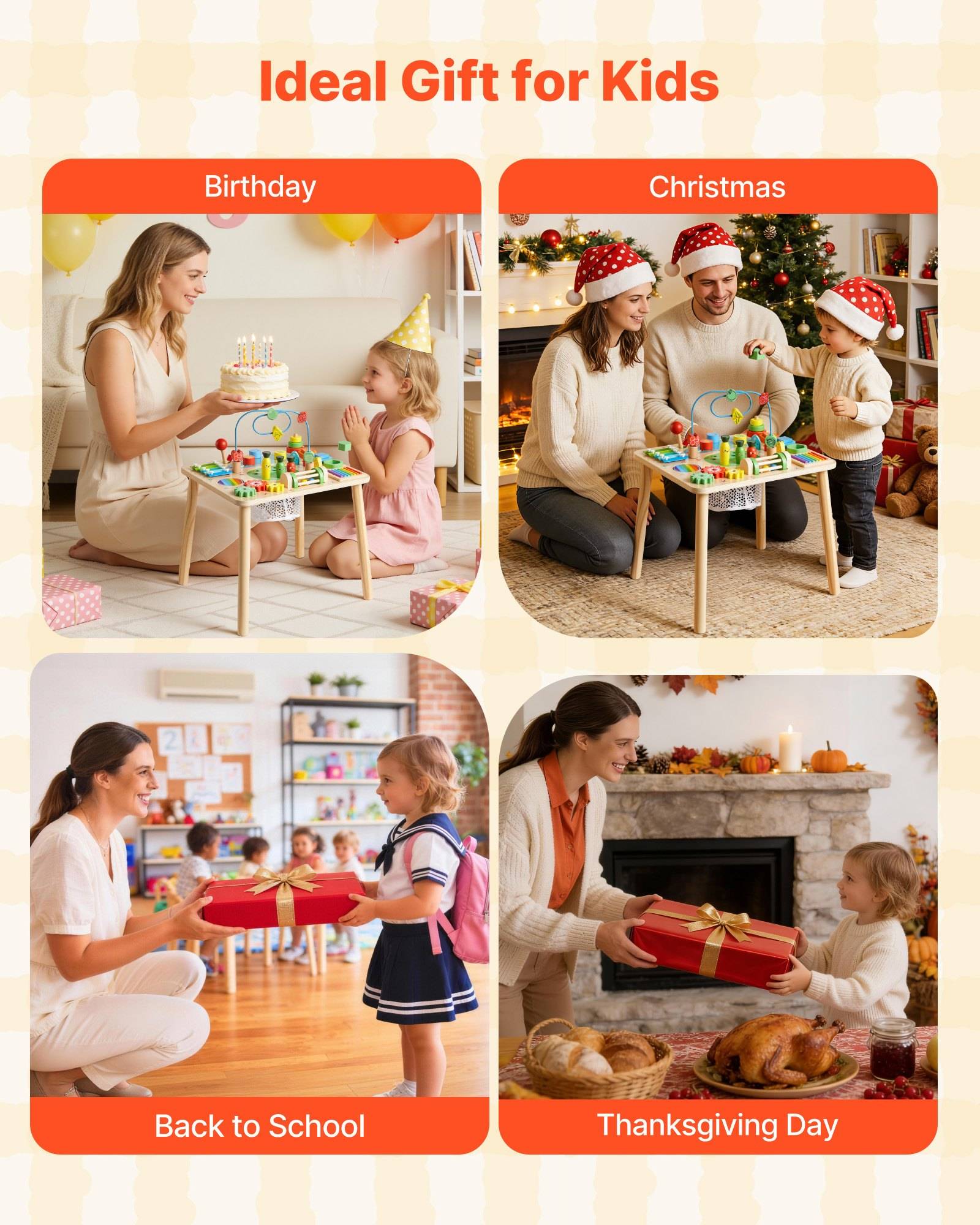Werbekollage mit dem Titel „Ideales Geschenk für Kinder" zeigt Kinder, die ein farbenfröhes Spielzeugspielset zu Geburtstag, Weihnachten, Schulanfang und Thanksgiving erhalten.