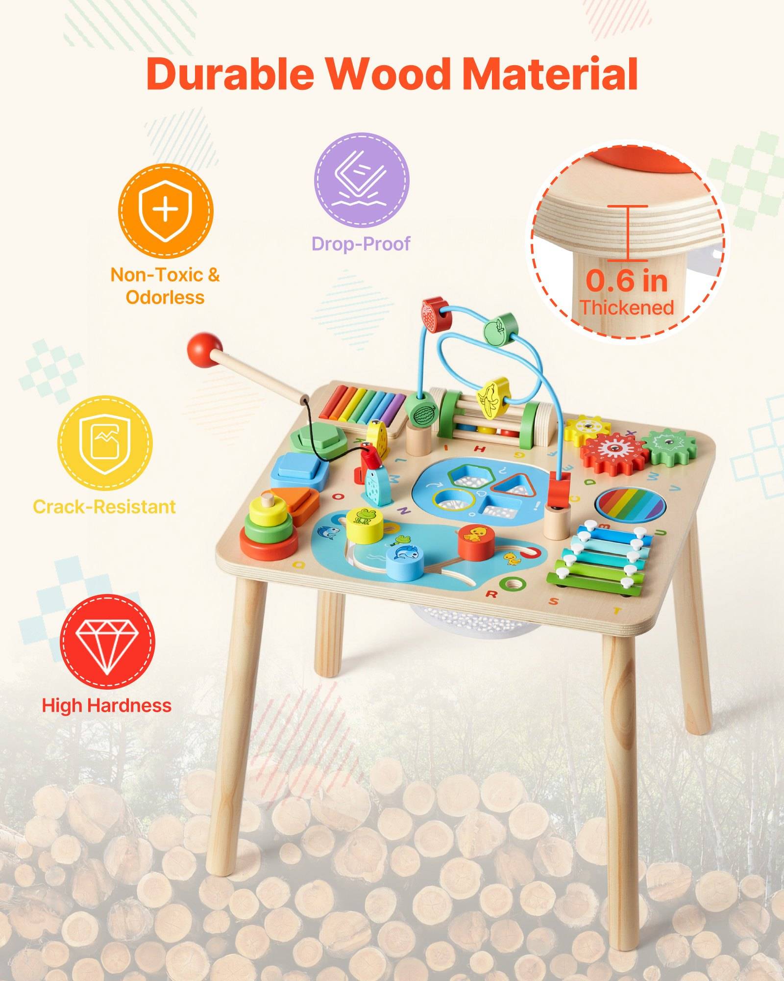 Werbebild eines Kinder-Holzaktivitätstisches mit der Bezeichnung „Langlebiges Holzmaterial", das ungiftiges, geruchloses, bruchsicheres, rissbeständiges Holz mit hoher Härte und eine „0,6 Zoll verstärkte"" Konstruktion hervorhebt.