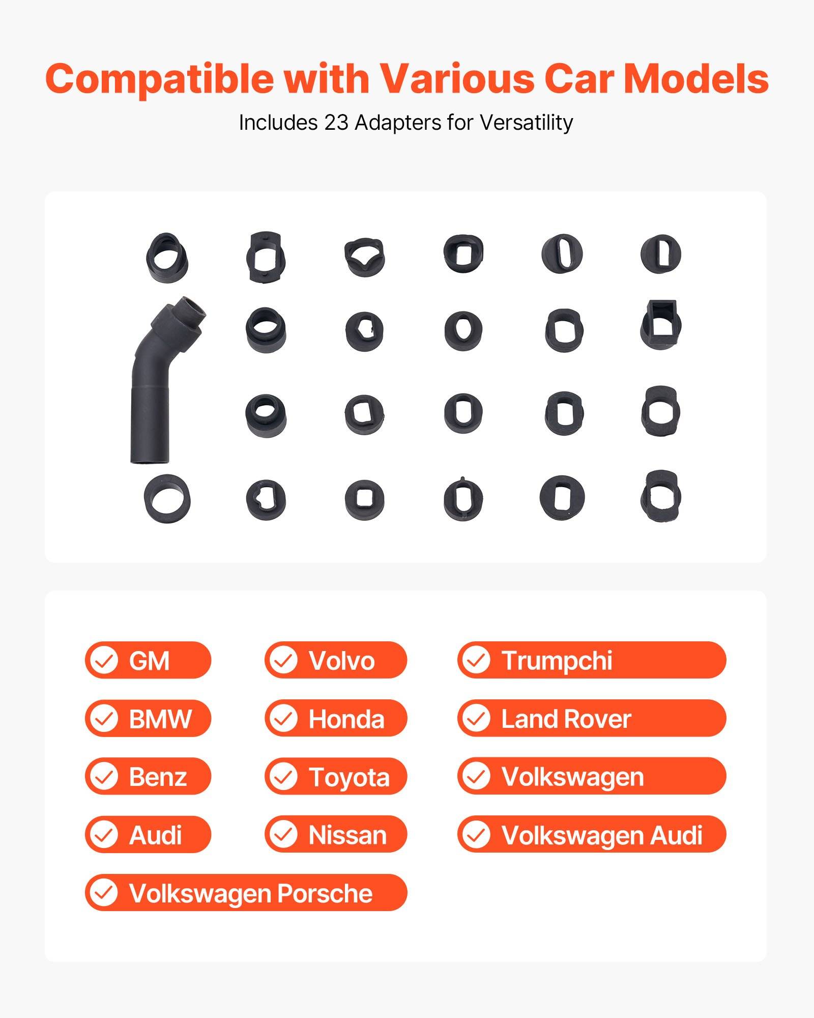Infografik zeigt einen Autoadapter, der mit 23 Adaptern kompatibel ist und verschiedene Automodelle unterstützt: GM, BMW, Benz, Audi, Volkswagen, Volvo, Honda, Toyota, Nissan, Trumpchi, Land Rover, Volkswagen Audi, Volkswagen Porsche.