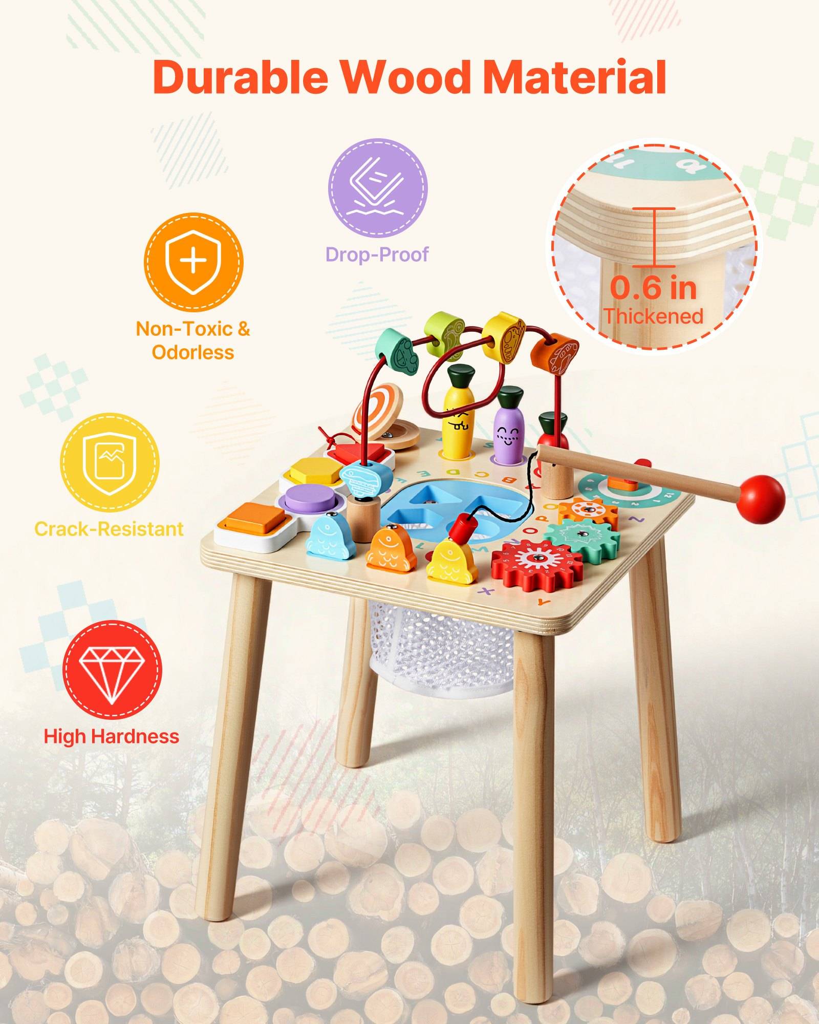 Werbebild eines hölzernen Aktivitätstisches für Kleinkinder mit Perlenlabyrinth und Formspielzeugen, das das langlebige Holzmaterial, 0,6 cm Dicke und die Merkmale hervorhebt: ungiftig, geruchlos, rissbeständig, stoßfest, hohe Härte.