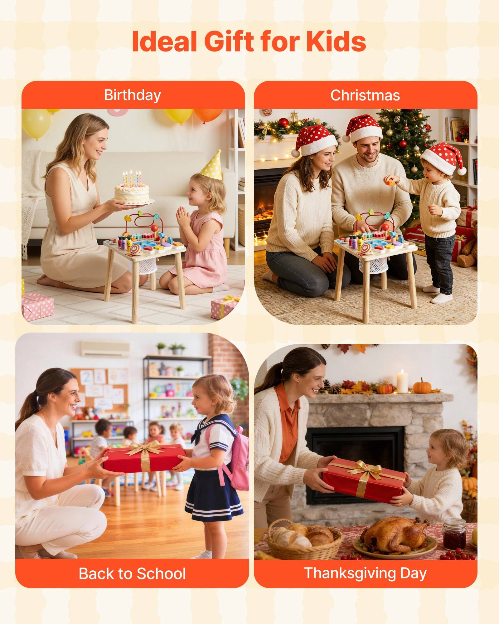 Geschenkführer-Collage mit dem Titel "Ideales Geschenk für Kinder"" zeigt ein Spieltisch-Geschenk für Geburtstag, Weihnachten, Schulanfang und Thanksgiving-Tag.
