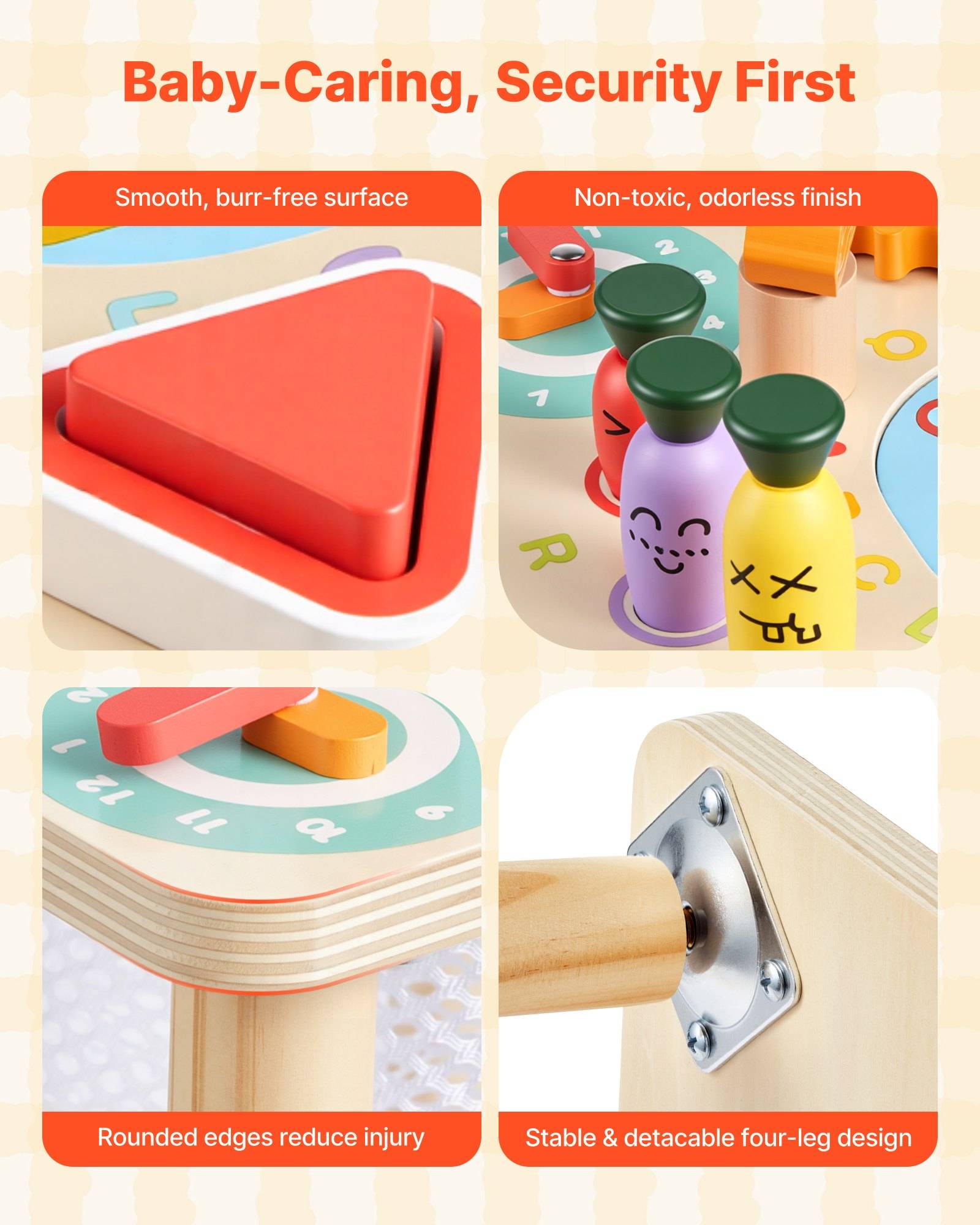 Werbegrafik für Babyspielsicherheit, die glatte gratfreie Oberfläche, ungiftige Beschichtung, abgerundete Kanten und stabiles abnehmbares vierbeiniges Design zeigt.