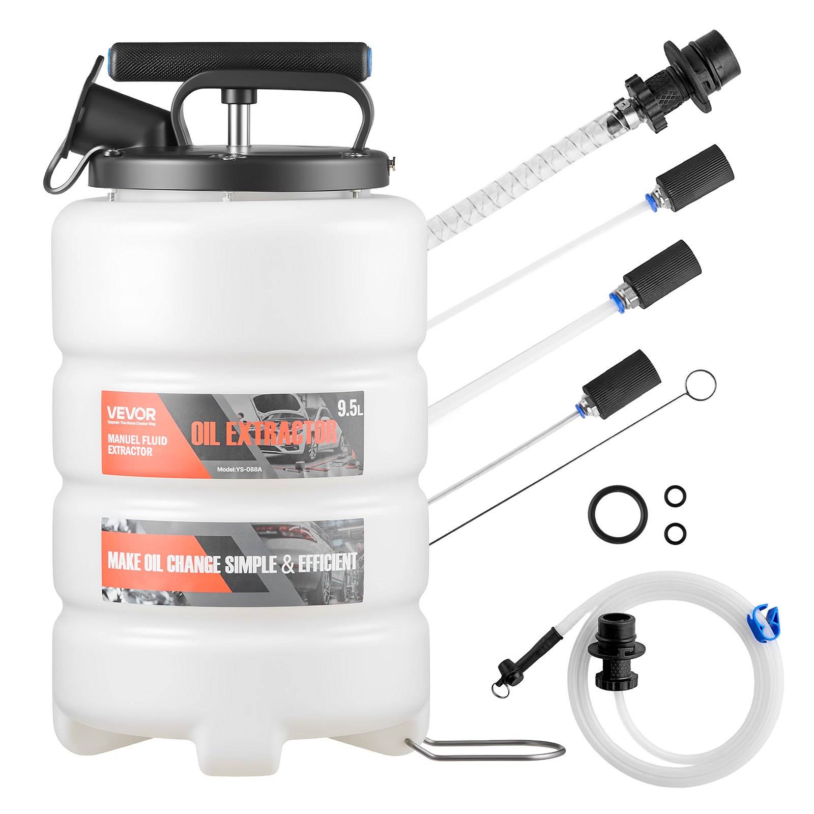 Weißer manueller Fluidextraktortank mit 9,5L Fassungsvermögen, Handpumpe, Schläuchen, Adaptern und Ringen, dargestellt als Ölwechsel-Werkzeugsatz für Autos.