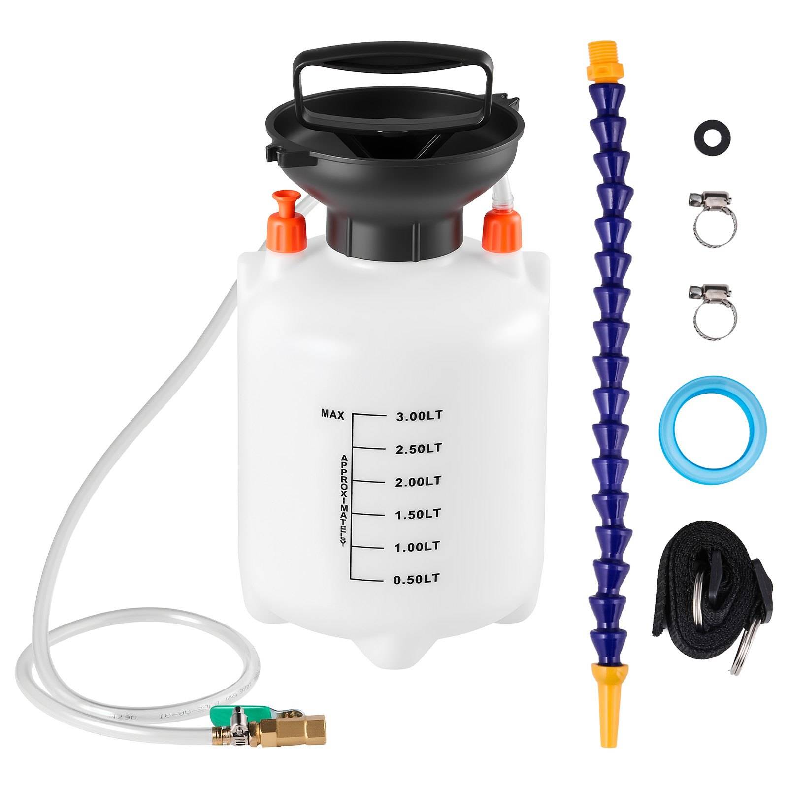Tragbares Pumpensprühgerät-Set mit 3-Liter-Tank, Schlauch und Düsenaufsätzen, sowie Schellen, Dichtungsringen und Spiralband auf weißem Hintergrund.