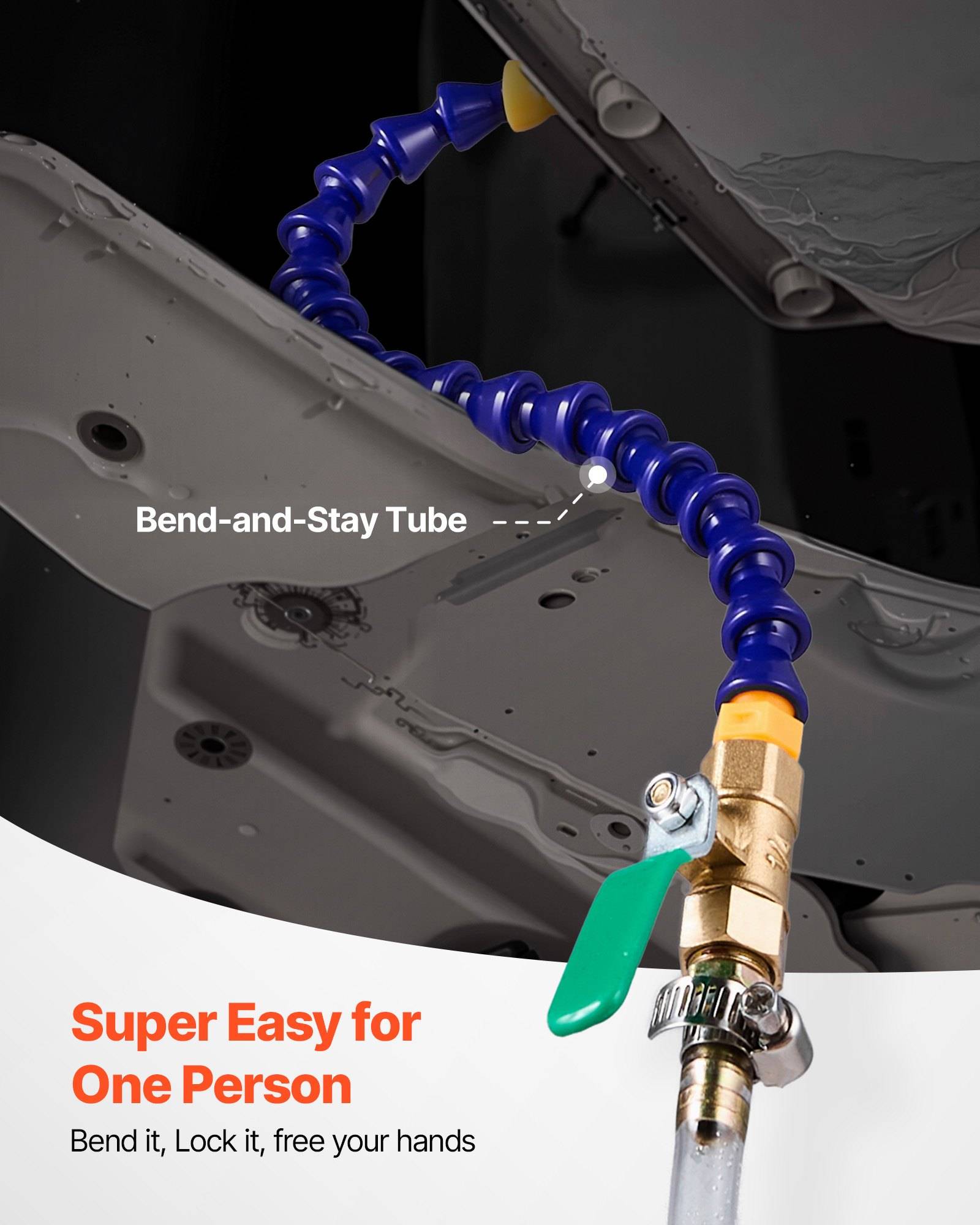 Blaues Biegrohr mit Messingventil unter Maschinen, gekennzeichnet als „Bend-and-Stay Tube