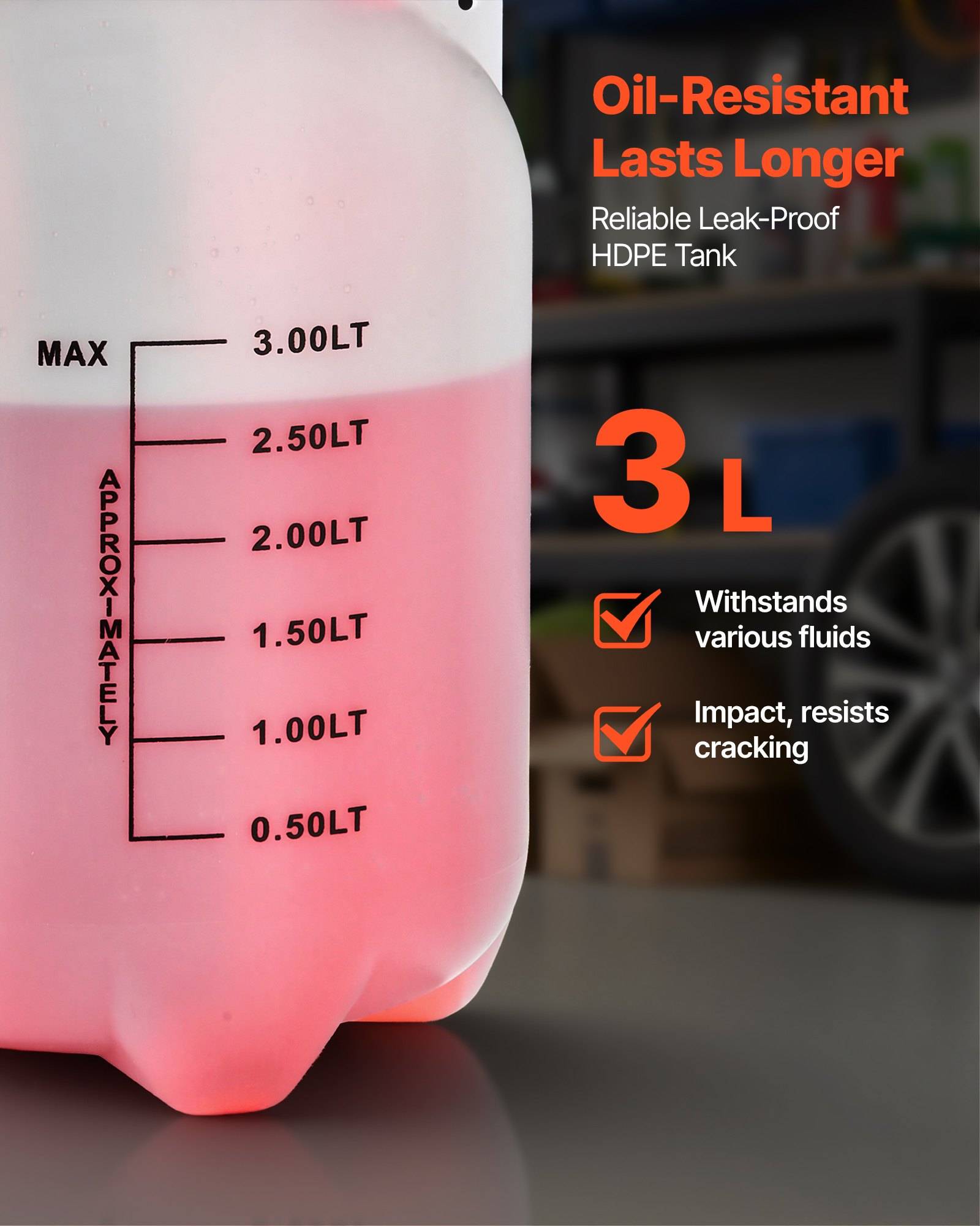 3-L-Öl-beständiger HDPE-Behälter mit ungefähren Füllstandsmarkierungen bis 3,00 lt, hervorgehobenes auslaufsicheres Design, Stoßfestigkeit und Beständigkeit gegen verschiedene Flüssigkeiten.