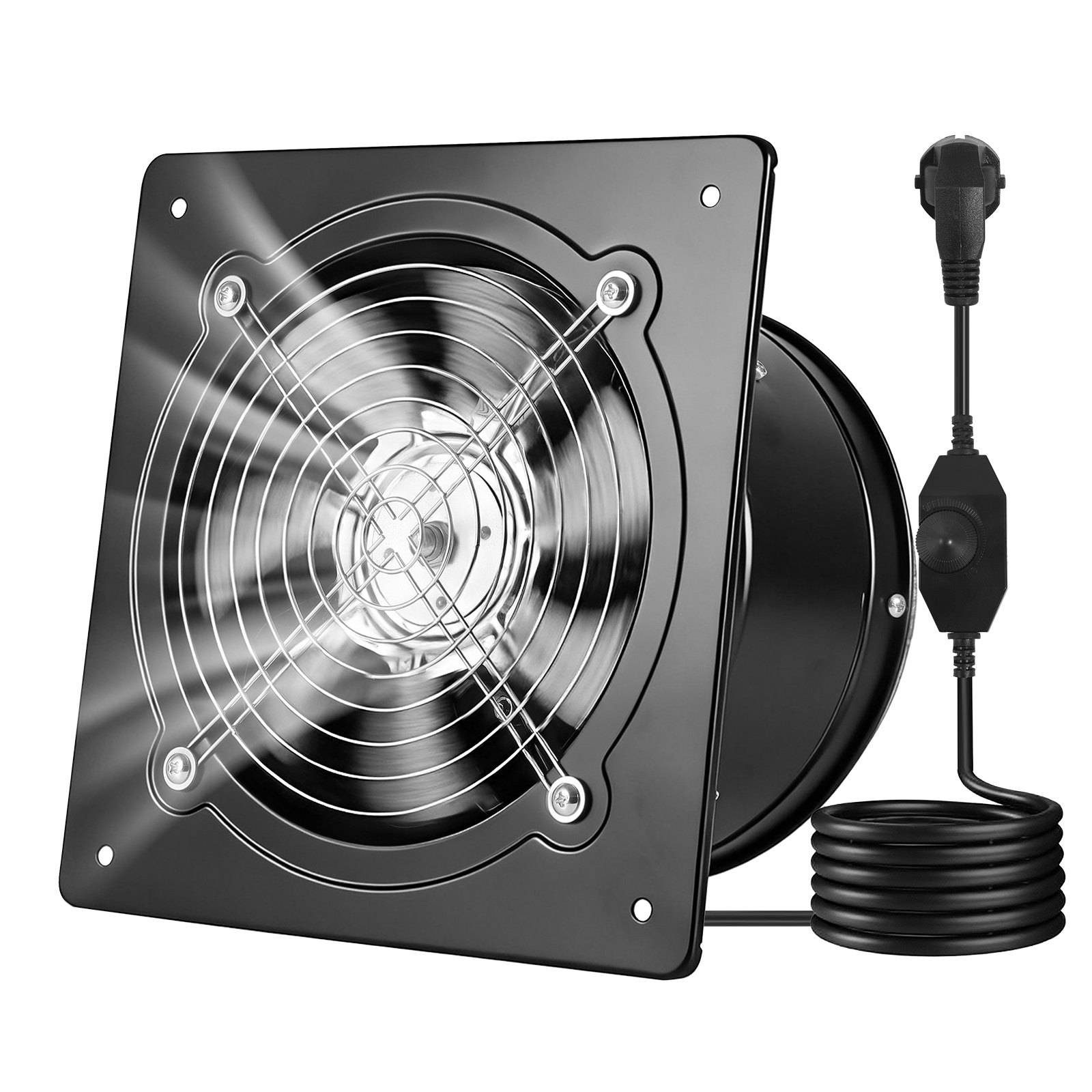 Schwarzer quadratischer Metall-Lüftungsventilator mit Schutzgitter und angebrachtem Stromkabel mit Inline-Schalter auf weißem Hintergrund.