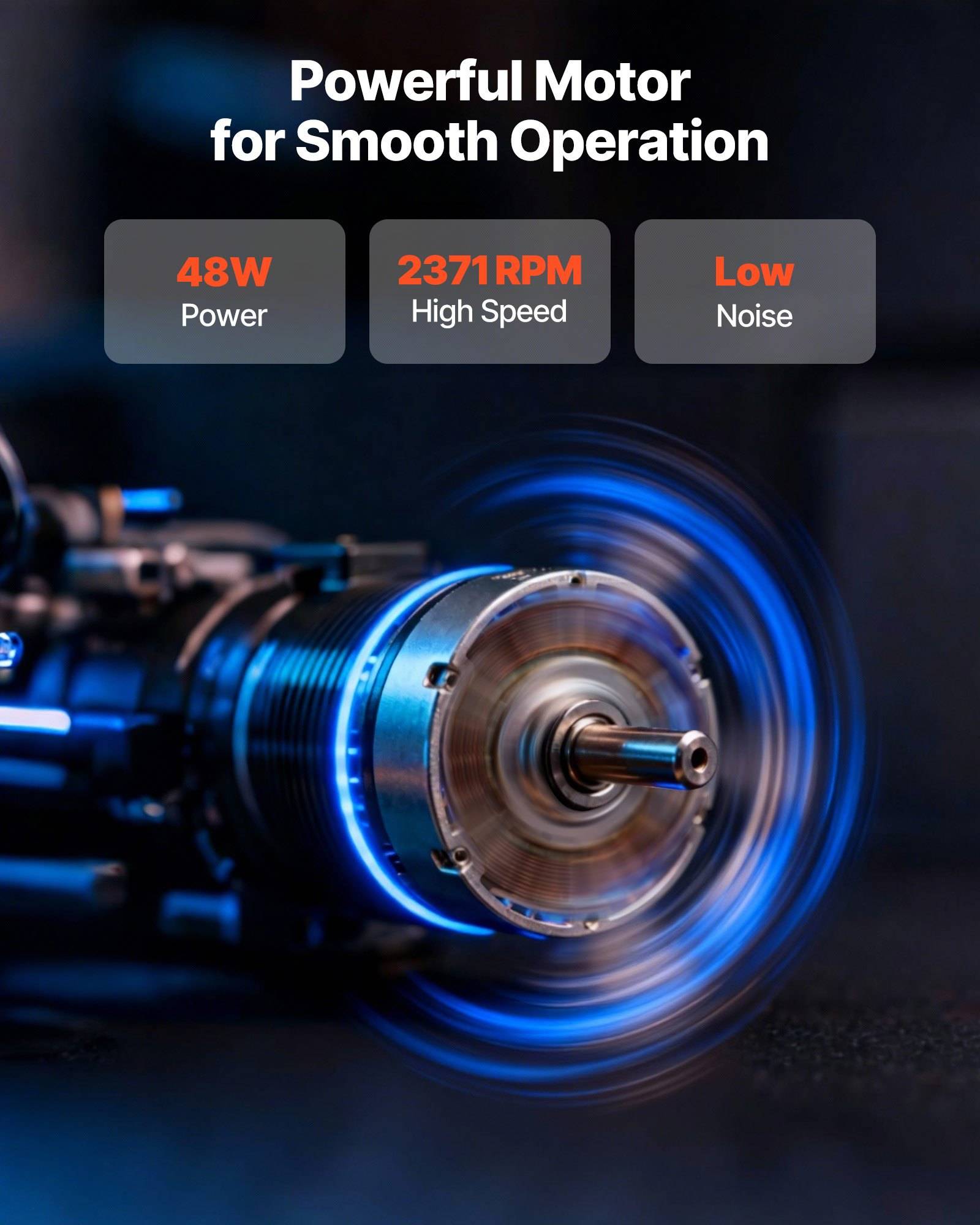 Produktpromo mit einem sich drehenden Motor mit blauer Bewegungsunschärfe; Text hebt „Leistungsstarker Motor für sanfte Bedienung" mit 48W Leistung, 2371 U/min Hochgeschwindigkeit und niedrigem Geräuschpegel hervor.