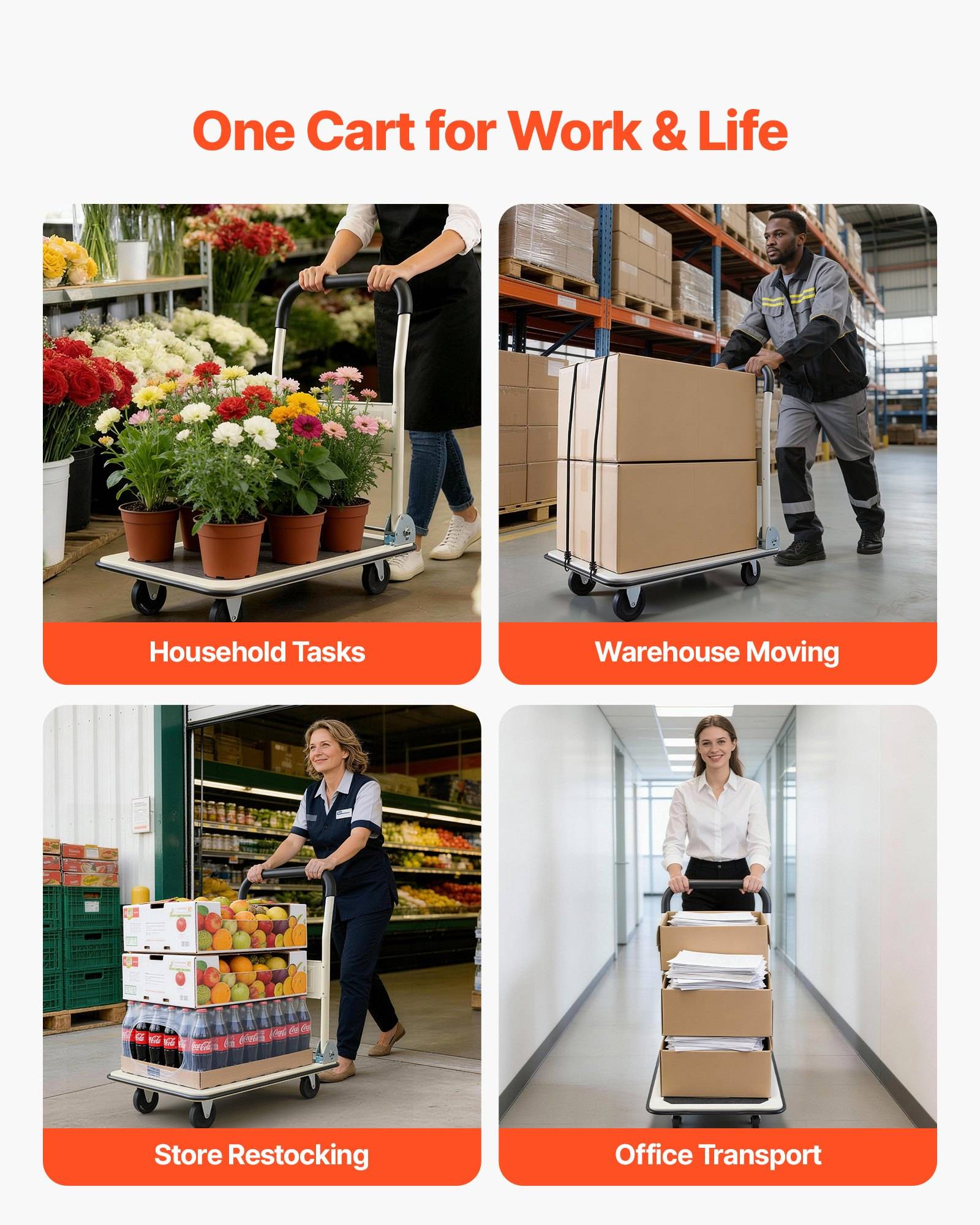 Promotionsgrafik mit dem Titel „Ein Wagen für Arbeit & Leben" zeigt einen Mehrzweckwagen, der für Haushaltsaufgaben, Lagerumzüge, Regalauffüllung im Geschäft und Bürotransporte verwendet wird.
