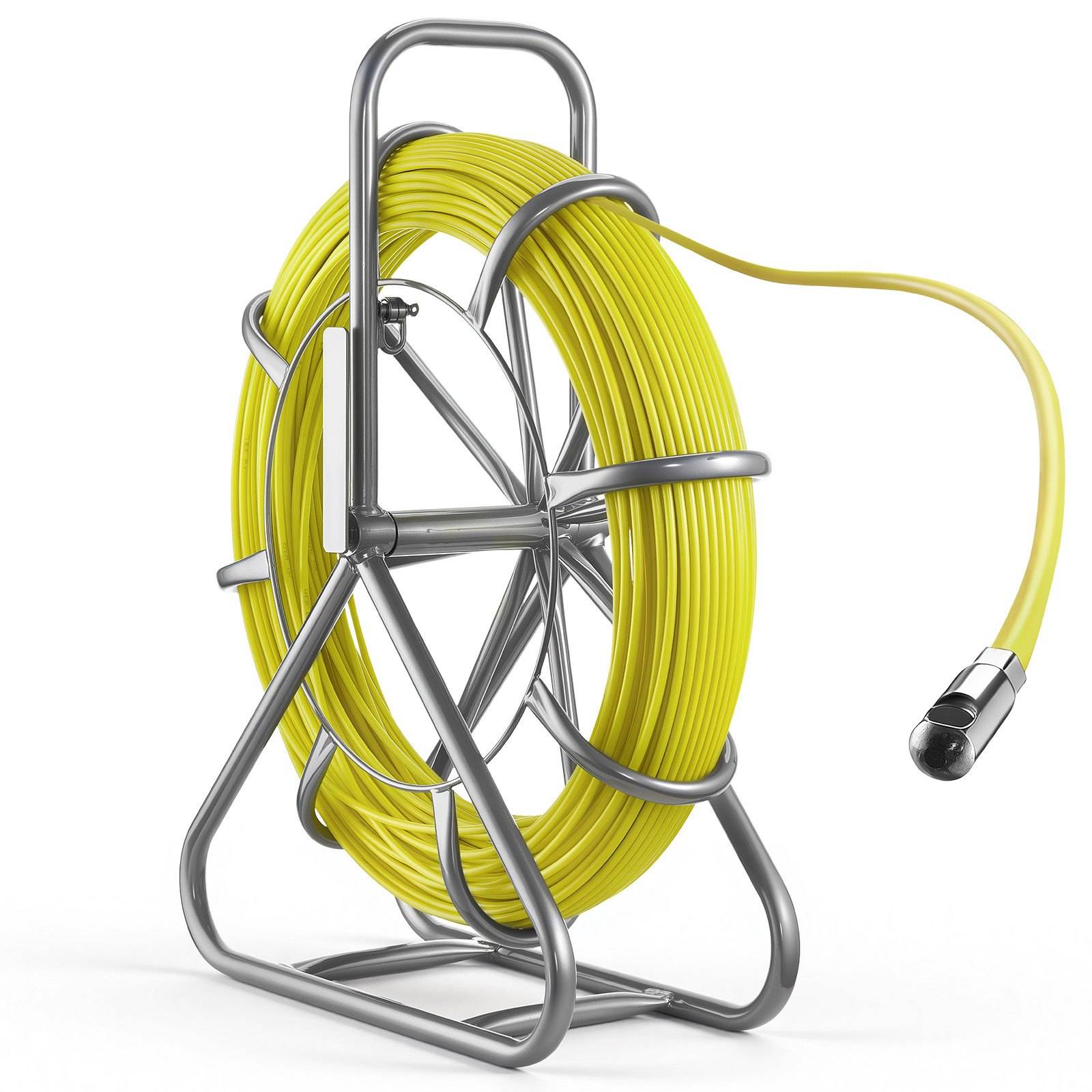 Gelbes Kabel oder Schlauch, aufgewickelt auf einer Metallspulenhalterung, mit dem freien Ende nach rechts ausgestreckt.