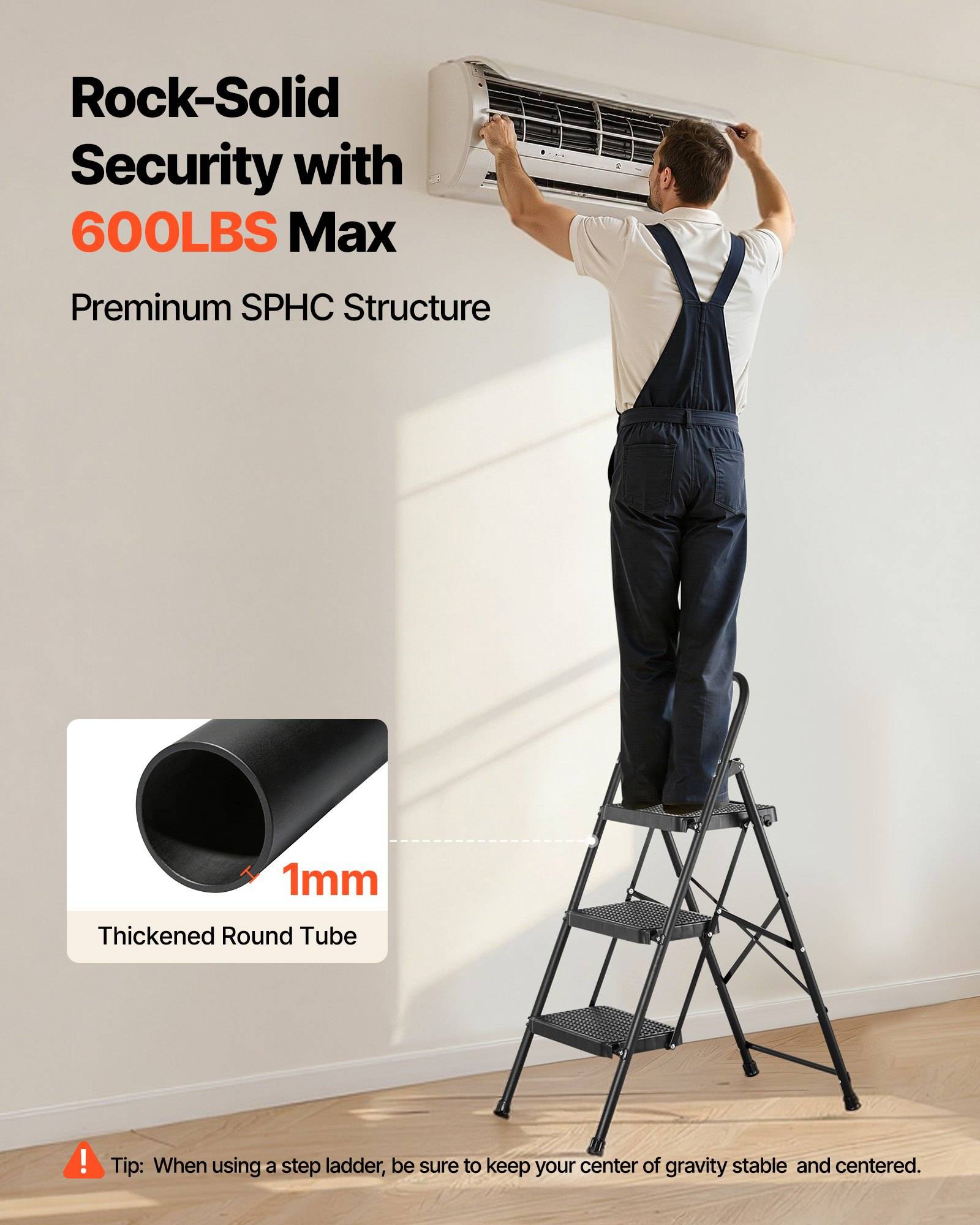 Werbebild eines Mannes auf einer Stehleiter, der eine wandmontierte Klimaanlage installiert, mit Text, der „Rock-Solid Security with 600LBS Max", „Premium SPHC Structure"" und „1mm Thickened Round Tube"" hervorhebt.