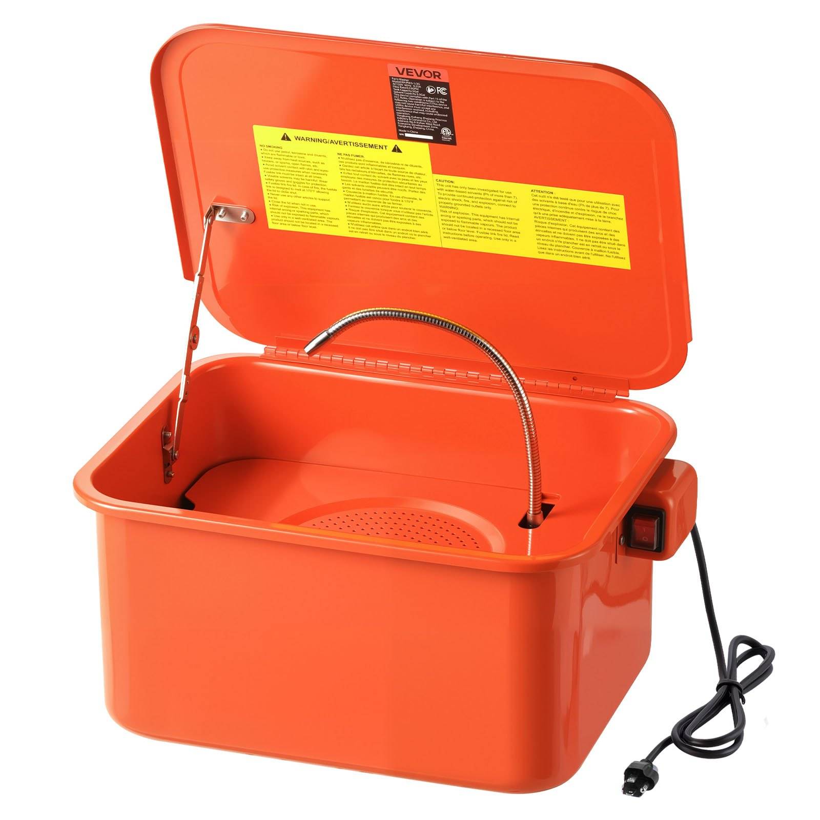 Orange-farbenes elektrisches Teilereinigungsbecken mit aufklappbarem Deckel, flexiblem Schlauch und Stromkabel; VEVOR-Etikett auf der Innenseite des Deckels.