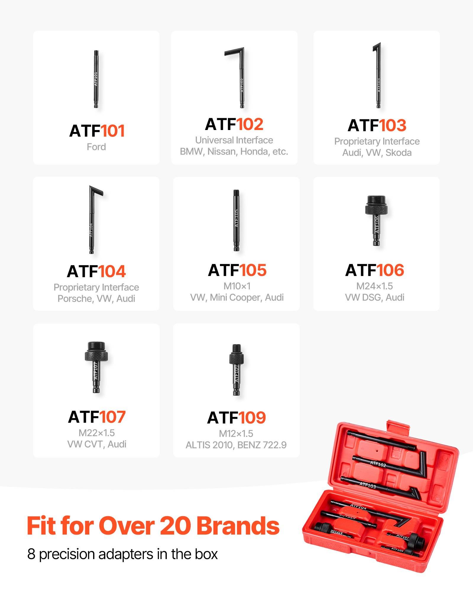 Katalogbild von acht ATF-Getriebeflüssigkeitsadaptern mit den Bezeichnungen ATF101–ATF109 für Marken wie Ford, BMW, Nissan, Honda, VW, Audi und andere, mit rotem Koffer und dem Text „Passt für über 20 Marken
