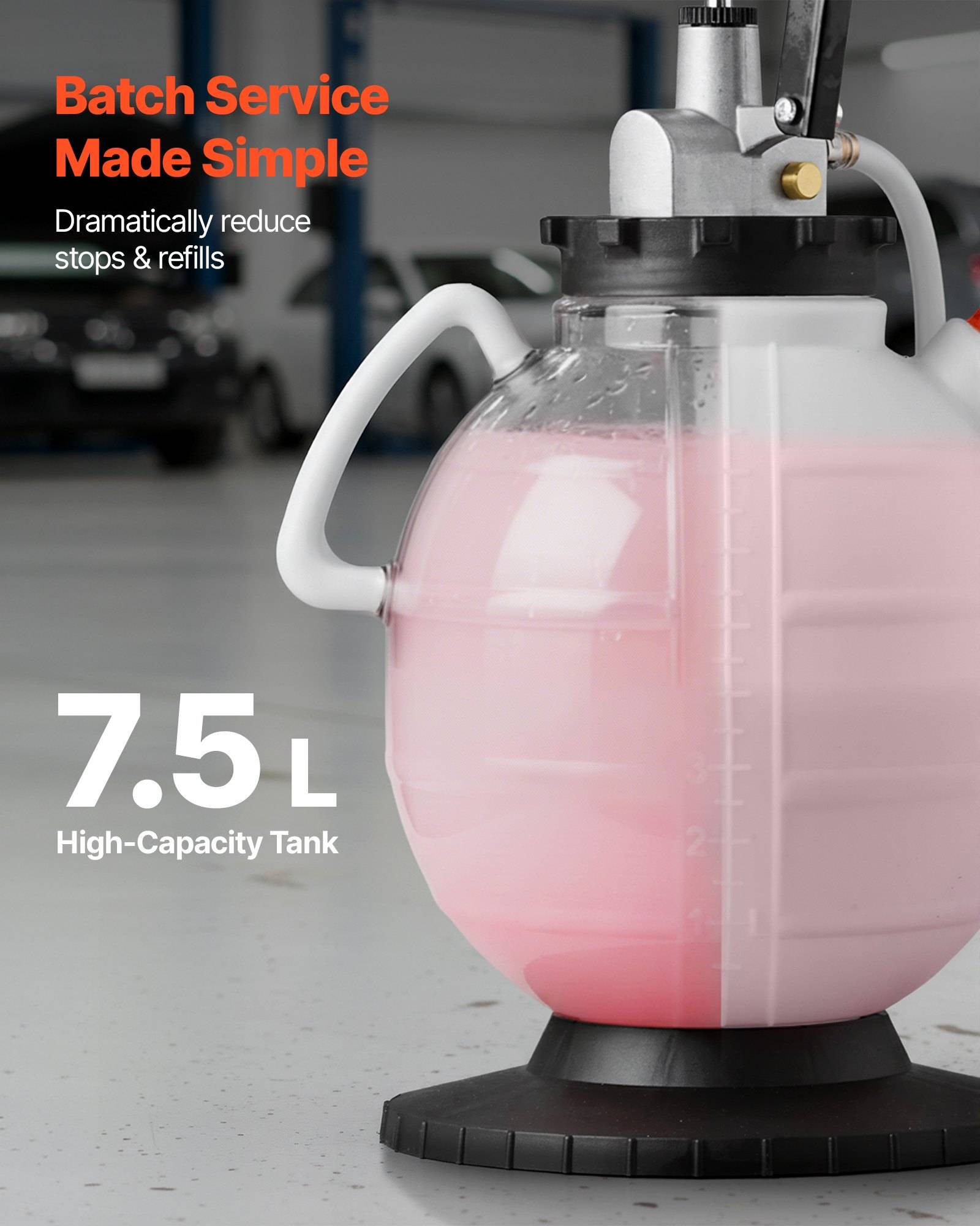 Batch-Service-Tank mit rosa Flüssigkeit und Pumpenkopf, gekennzeichnet mit „Batch Service Made Simple
