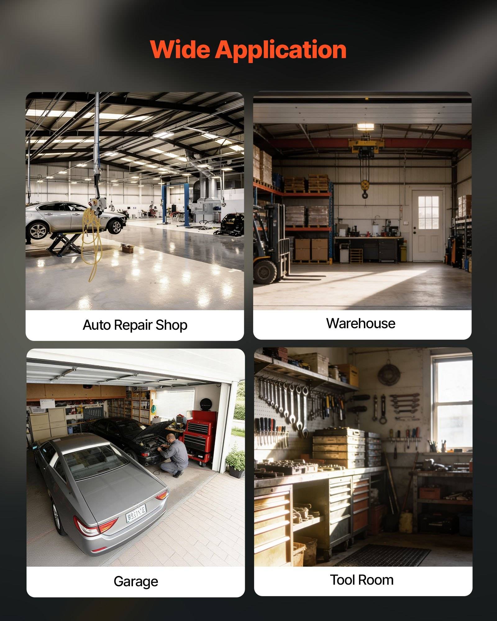 Vielseitige Anwendung über vier Fotos, die eine Autowerkstatt, ein Lager, eine Garage und einen Werkzeugbereich zeigen.